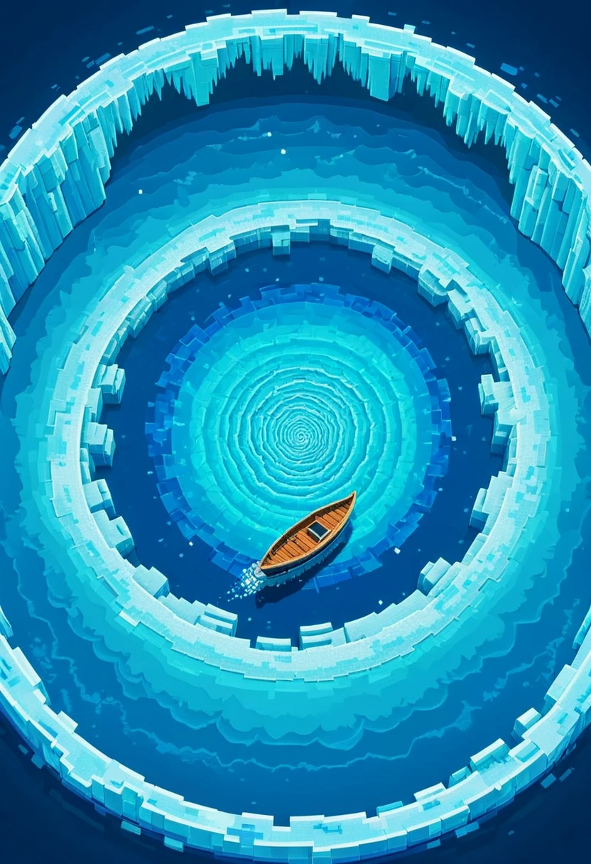 pixel-art an ice lake with a small boat in the center,surrounded by swirling patterns andvibrant blue water. spiral abyss, 
<lora:xl_abyss:0.7> . low-res, blocky, pixel art style, 8-bit graphics