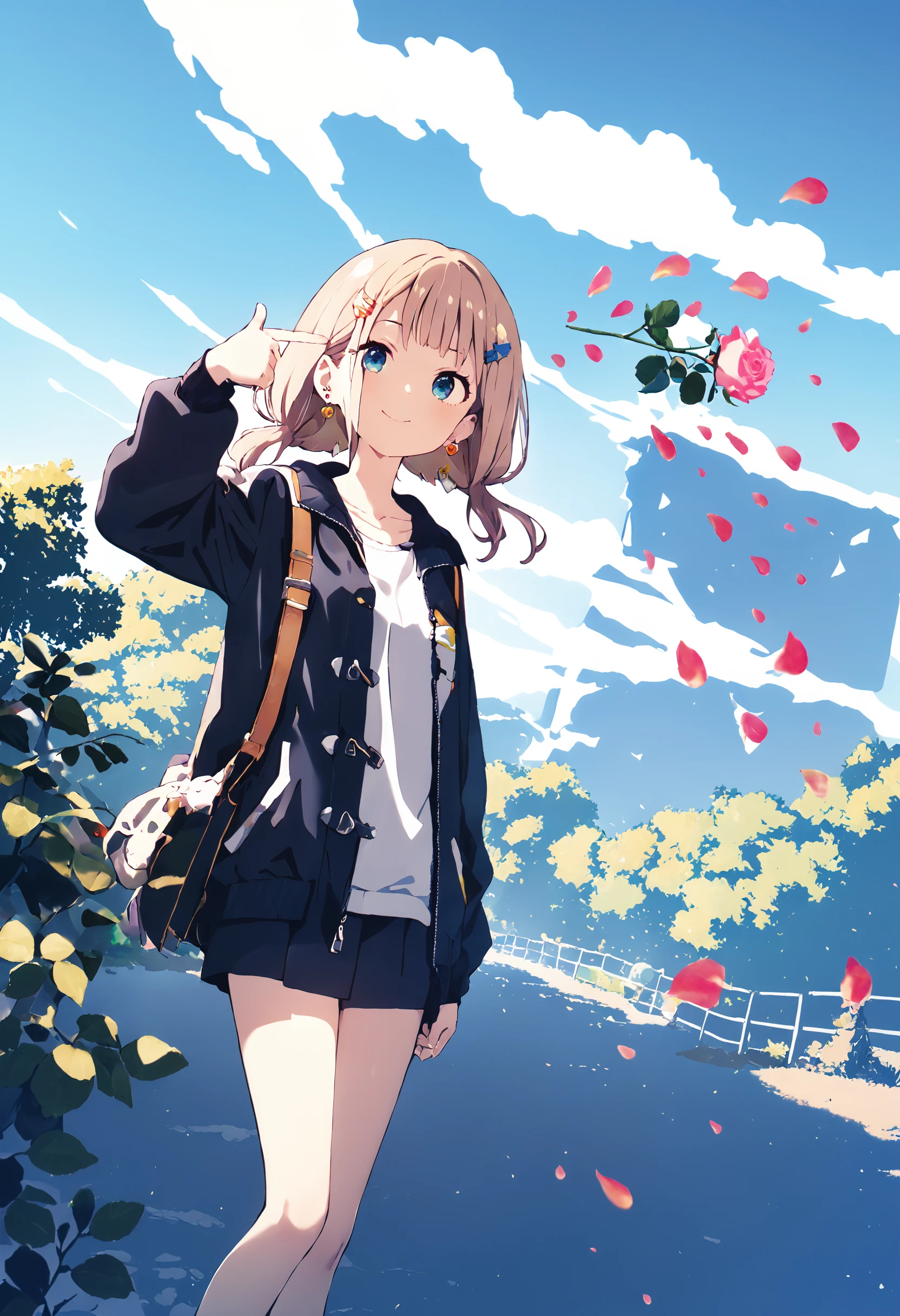 1girl,solo,mamyouda,haku geroda,ukitaryu,maco22,
happy,twin drills,earrings,hairclip,jacket_removed,hand up,dynamic_angle,scenery,
<lora:boom finger gun_XL_bx-v1.03:1>,finger gun,rose,petals,, (masterpiece,best quality,absurdres),