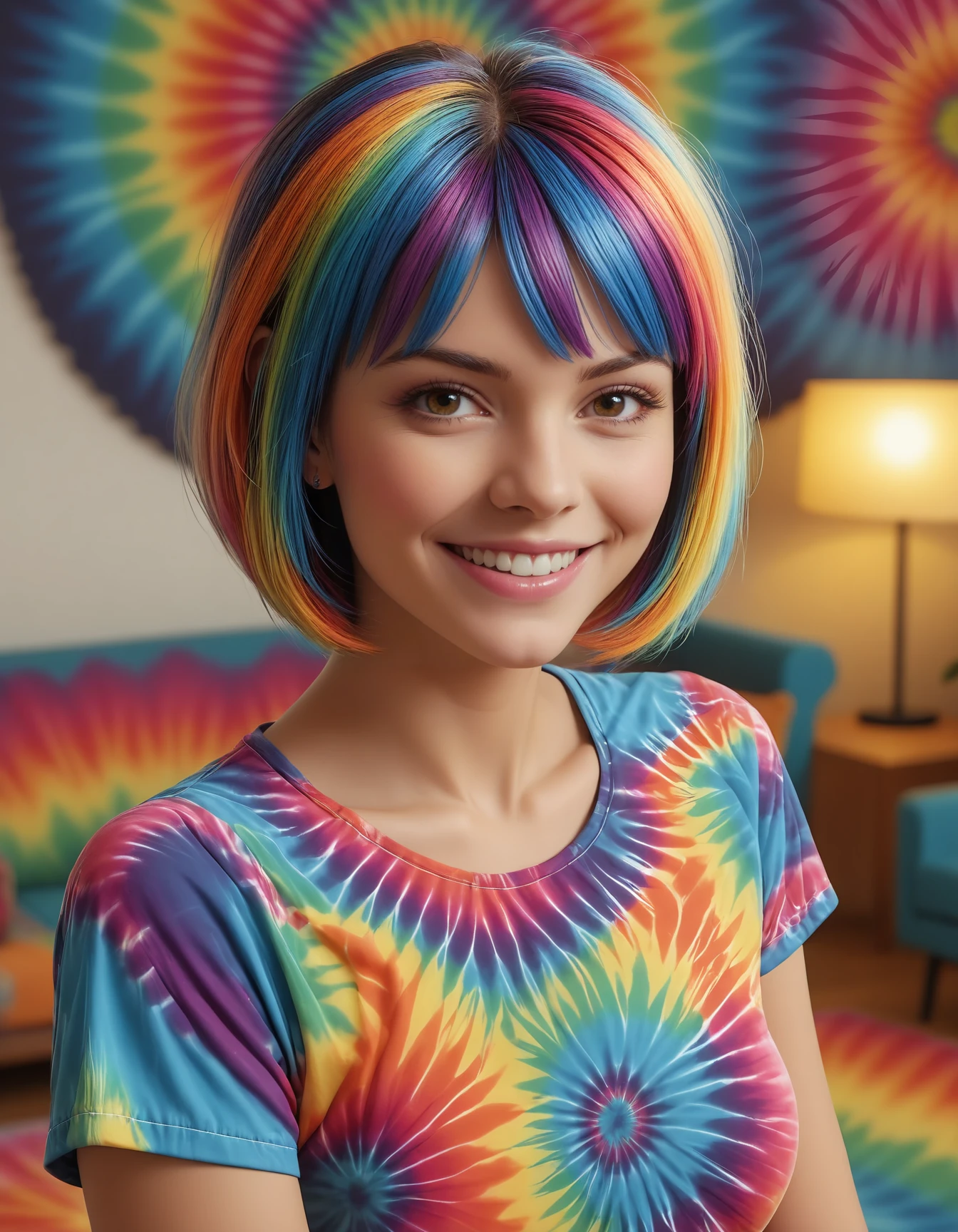 <lora:EPtiedyeworldSDXL-15:1> , blurry background, hyper detailed, EPtiedyeworld, psychedelic, funky, retro, multicoloured, 1girl, mature female, bob cut, seductive smile, cowboy shot, depth of field, living room