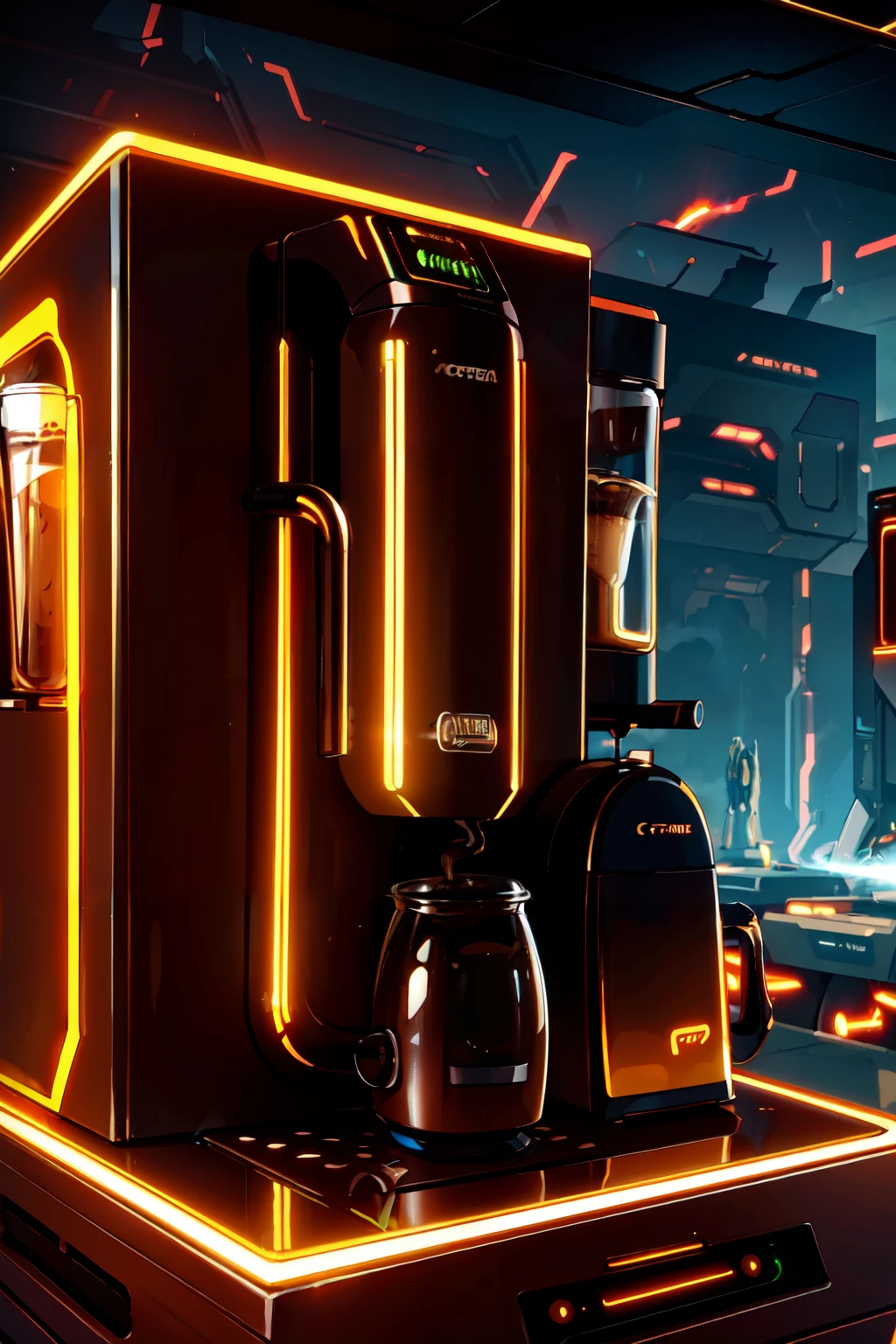 ((masterpiece,best quality)), absurdres,    <lora:CiTron_Legacy:0.8>, citron legacy, (scifi, excessive energy, coffee machine:1.2), coffee mug, electricity, glow,