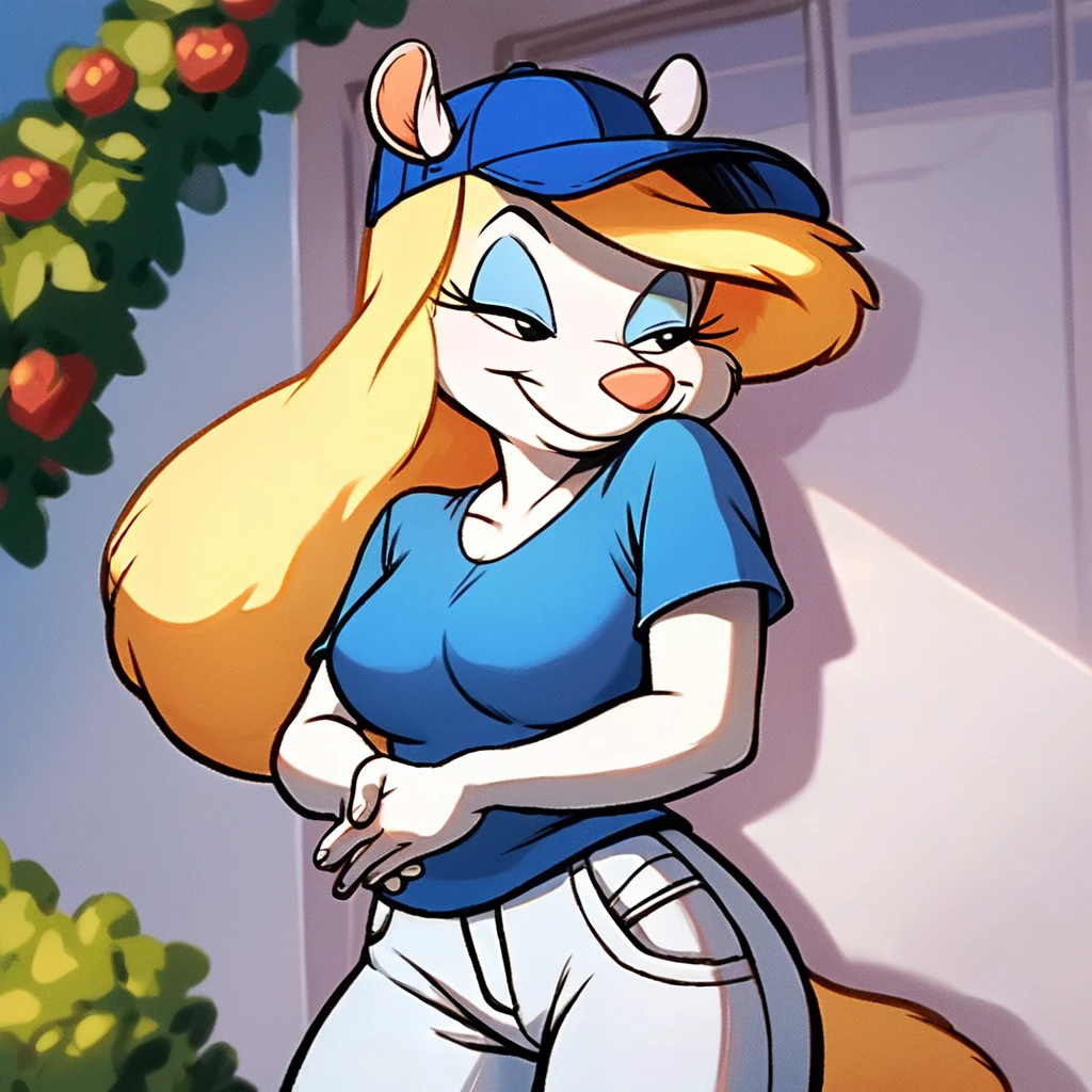 score_9, score_8_up, score_7_up, score_6_up, score_5_up, score_4_up, (Source furry), (rating safe), <lora:MinervaMinkXL:1>, minerva mink, 1girl, solo, long hair, breasts, smile, shirt, hat, animal ears, closed mouth, standing, short sleeves, cowboy shot, pants, blonde hair, blurry, makeup, blurry background, half-closed eyes, happy, own hands together, blue shirt, baseball cap, eyeshadow, blue headwear, white pants, animal nose, blue eyeshadow, furry, furry female, body fur, white fur