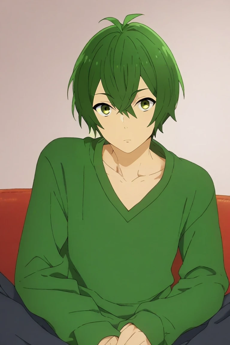 score_9, score_8_up, score_7_up, source_anime, (realistic:0.6), looking at viewer, , , 1boy, solo, male focus, <lora:shuu_iura_pony:0.98>, shuu_iura, green hair, green eyes, short hair, hair between eyes, , , Sitting with legs spread apart, appearing relaxed and confident, <lora:sdxl_lightning_8step_lora:1>