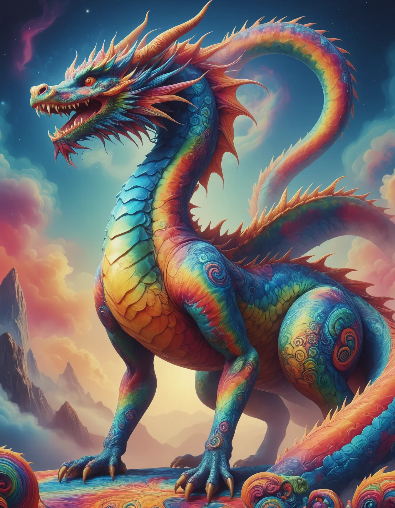 <lora:EPtiedyeworldSDXL-15:1> , blurry background, hyper detailed, EPtiedyeworld, psychedelic, funky, retro, multicoloured,  colossal snakelike eastern dragon,atmospheric perspective,full_body