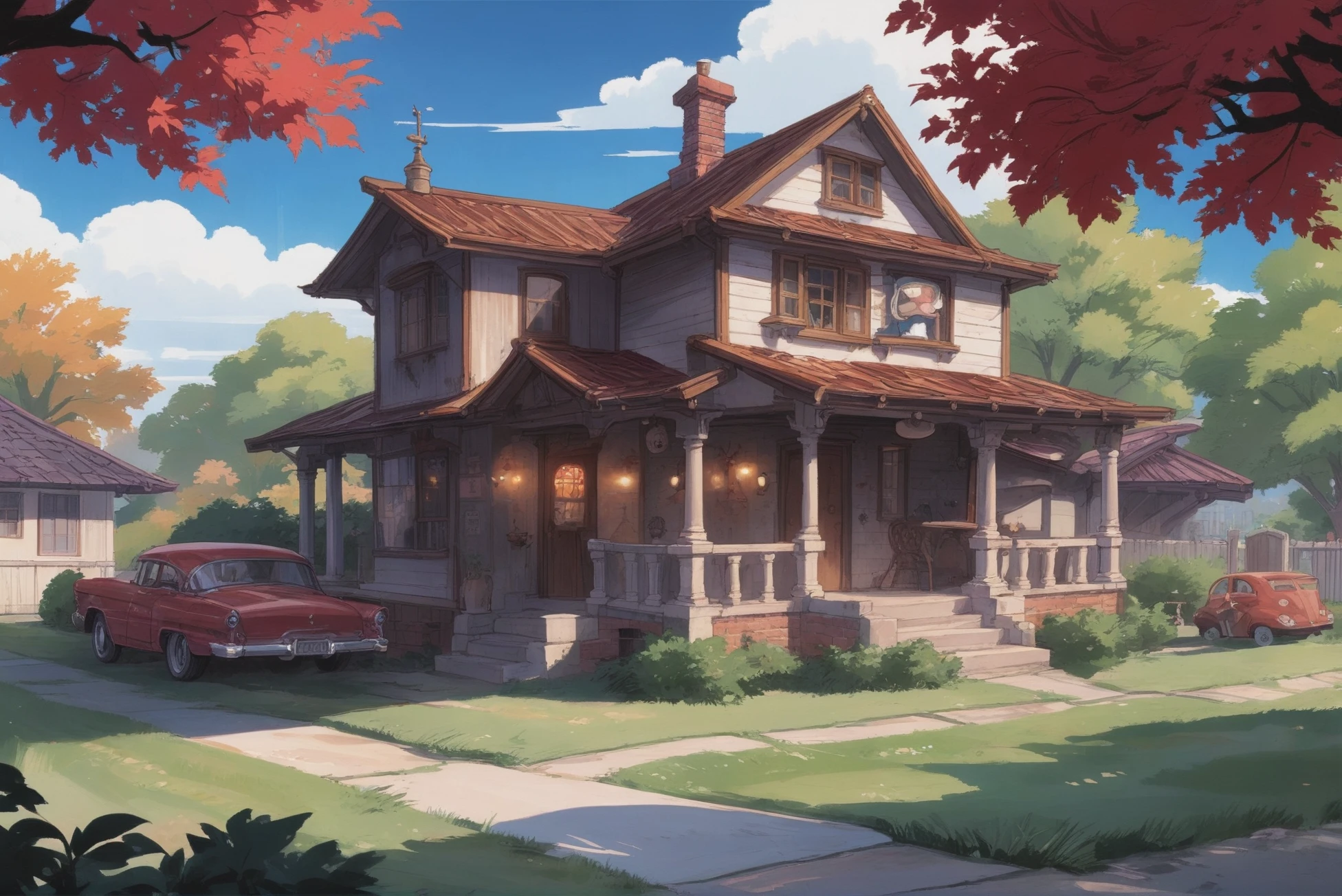 digital painting, whimsical anime movie background, a house in 1950s suburban america<lora:76_dora-000005:1:1:lbw=SDXL_OUTS>