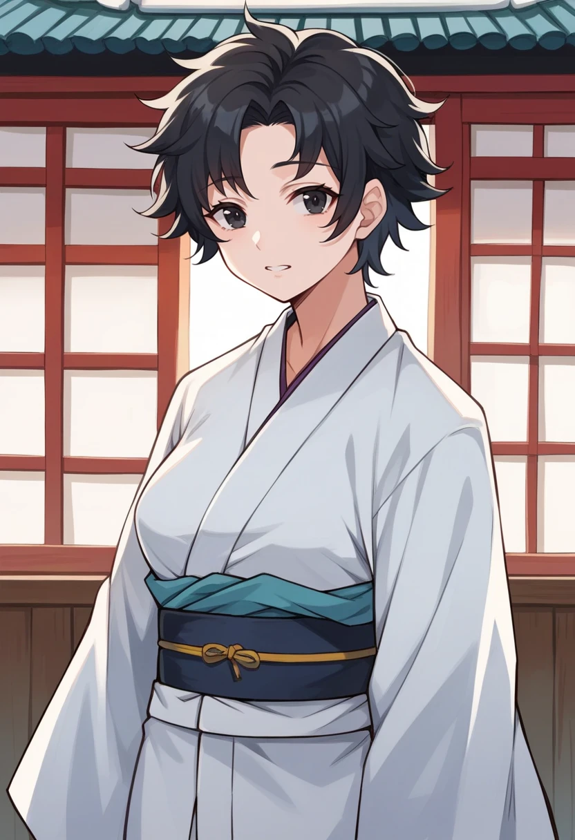 score_9, score_8_up, score_7_up, source_anime BREAK 1girl, solo,  <lora:zs_AkaneXL:1> akanedsrk, black hair, short hair, messy hair, cowboy shot, japanese shrine, wedding kimono