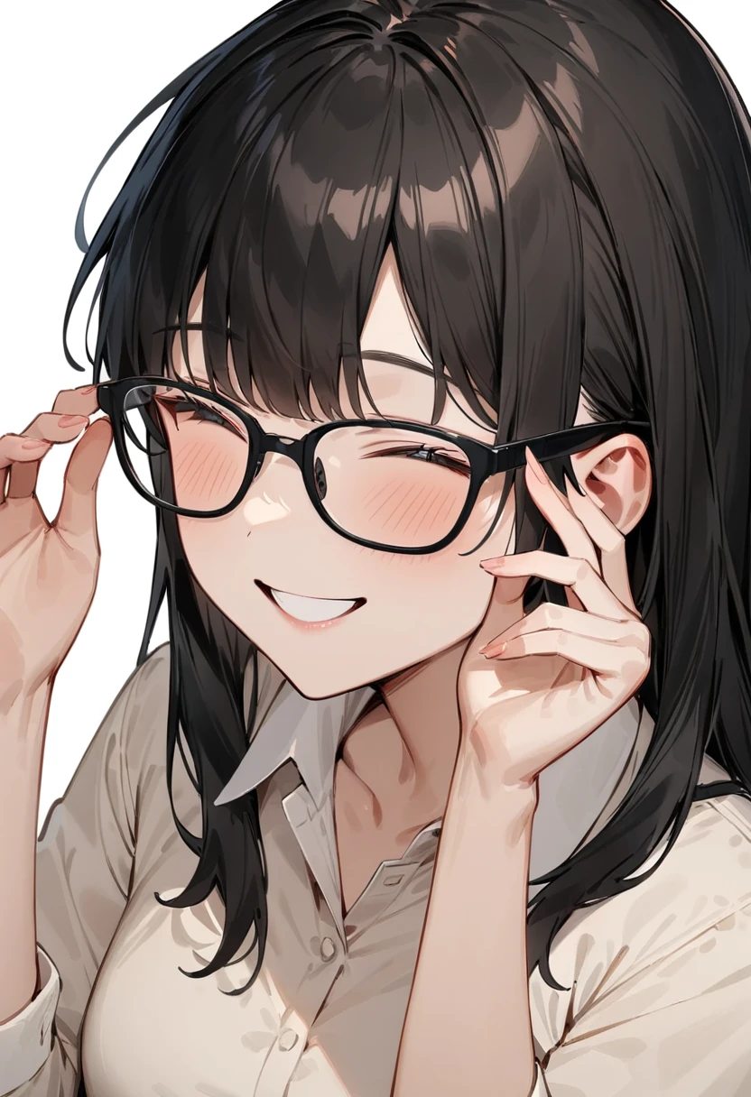 masterpiece, best quality, very aesthetic, absurdres, 
1girl, solo, black hair, long hair,
Wellington22A, glasses, black-framed eyewear,
collared shirt, happy, smile, looking at another, adjusting eyewear, white background, simple background, 
 <lora:glasses_Wellington_cellframe1_SDXL_V1:0.8>