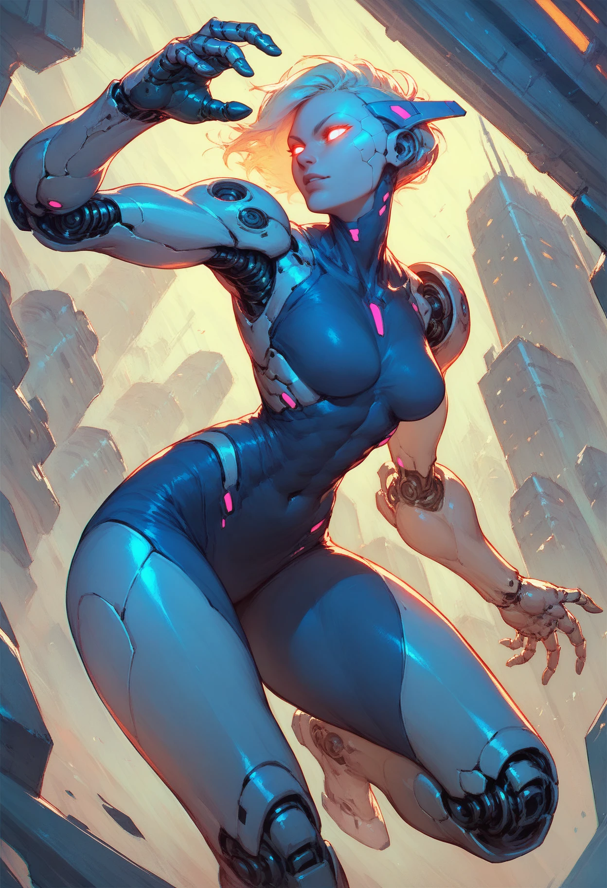 (score_9_up, score_8_up:1.2), score_7_up, cyborg girl, glowing eyes, dynamic pose, city, <lora:Cyborg_Girl_-_Leotard:0.5>