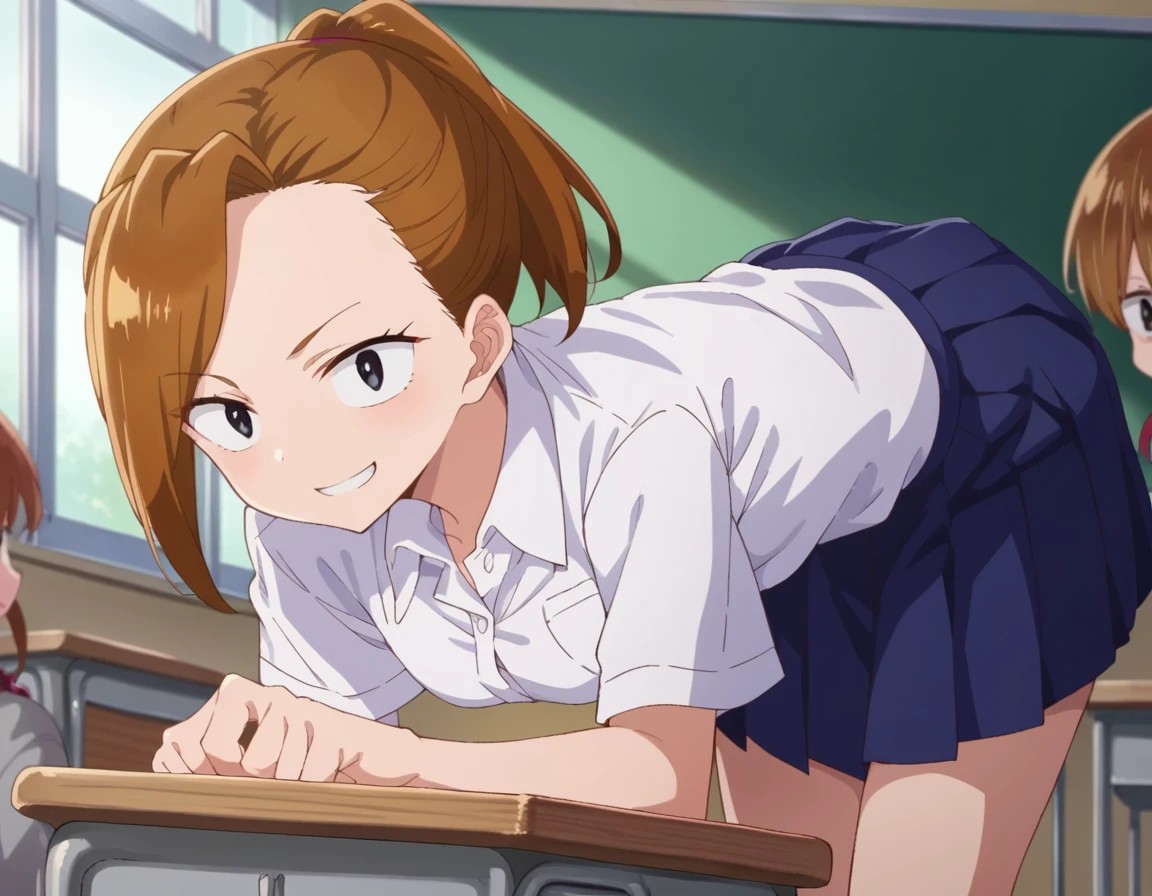 score_9, score_8_up, score_7_up, source_anime,
serinayoshida, <lora:serina-yoshida-s2-ponyxl-lora-nochekaiser:1>,
serina yoshida, brown hair, ponytail, black eyes,
skirt, shirt, school uniform, white shirt, short sleeves, pleated skirt, collared shirt, blue skirt,
indoors, classroom, smile, bent over,
looking at viewer, cowboy shot, dutch angle, solo