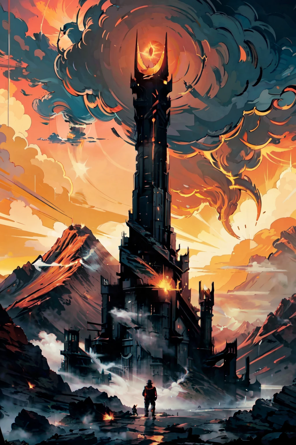 ((masterpiece,best quality)), absurdres,   <lora:Saurons_Tower:0.8>,    SauronsTower, cloud, cloudy sky, mountain range, volcano,    <lora:Scifi_Environment_Concept_Art:0.5>, minimalist, game asset, cinematic, movie poster, warm colors, orange theme, standing, weapon, outdoors, tree, moon, robot, scenery, sun, ambiguous gender, fog