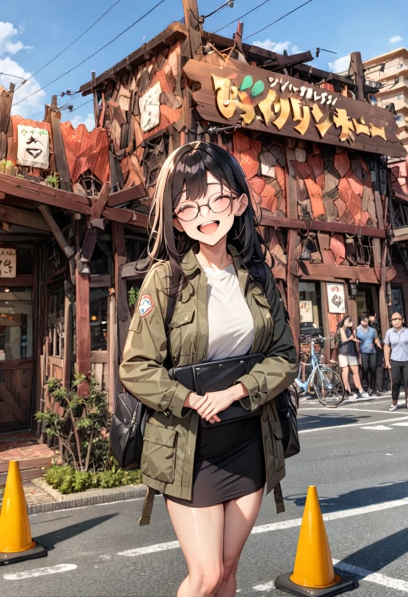 masterpiece, best quality, very aesthetic, absurdres,
1girl, solo, glasses, black hair, long hair, field jacket, ants, black bag, smile, laughing, looking at viewer, solo focus,
bikdonama, storefront, car, traffic cone, road, outdoors, sky, day, cloud, power lines, building, sign, real world location, utility pole, blue sky, road sign
<lora:bikkuri_donkey1_SDXL_V1:0.8>