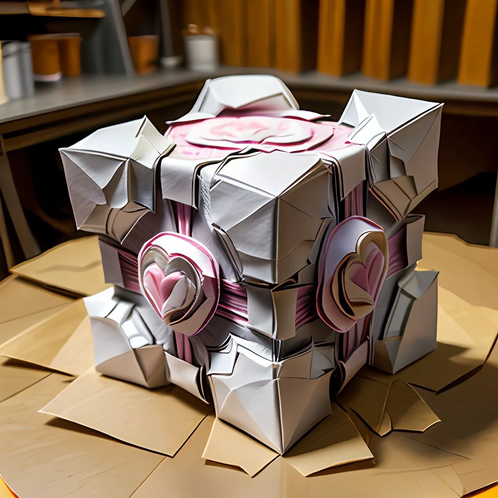 weighted companion cube  <lora:weighted companion cube:1>   <lora:J_origami:0.5> J_origami <lora:quality1:1> in a workshop <lora:more_details:0.5>, papercraft, origami