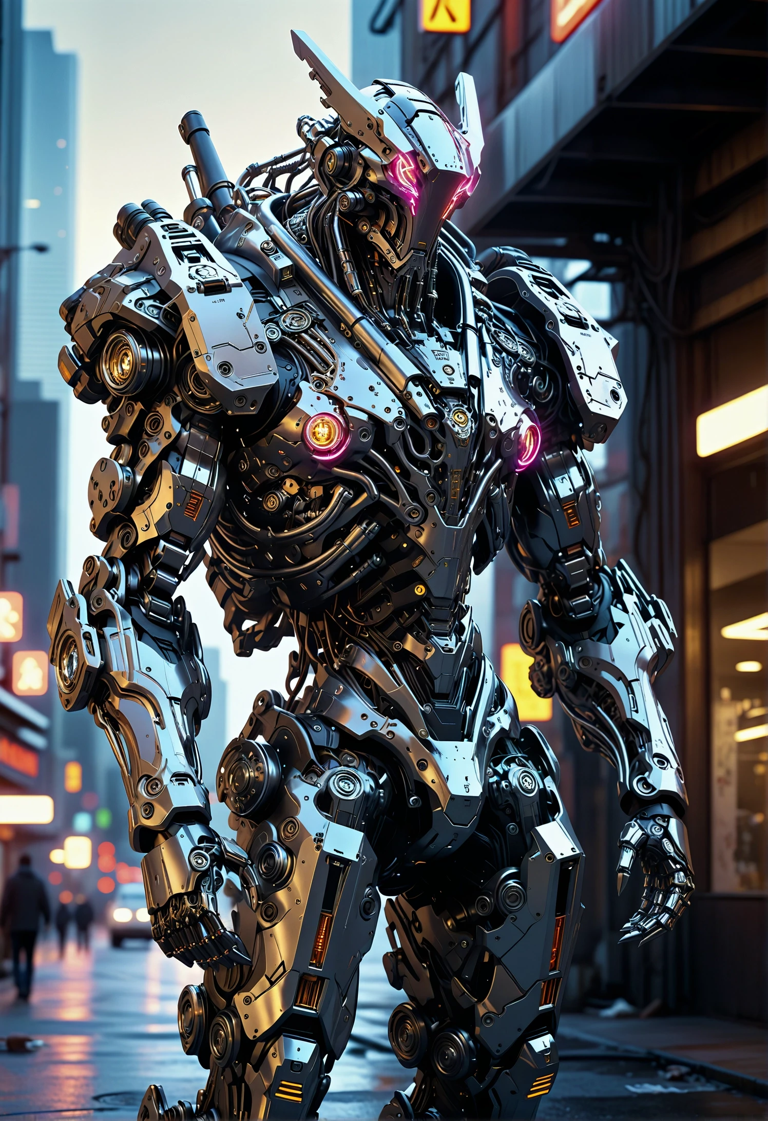 cinematic film still cinematic photo Heavy Mech, Power Armor, robot, cyberpunk, futuristic, sci-fi, intricate details, A sleek robotic arm is prominently featured in this captivating image. The arm is adorned with detailed mechanical components and is encased in shiny silver armor, reflecting its advanced technology. It stands out against a backdrop of a darkened cityscape, illuminated by neon lights . 35mm photograph, film, bokeh, professional, 4k, highly detailed . shallow depth of field, vignette, highly detailed, high budget, bokeh, cinemascope, moody, epic, gorgeous, film grain, grainy