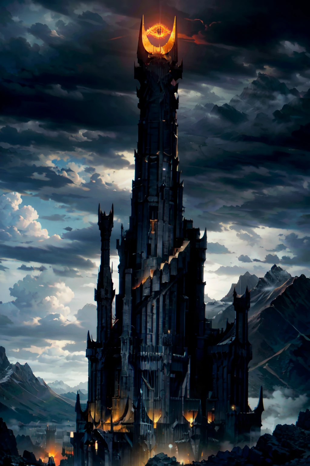 ((masterpiece,best quality)), absurdres,   <lora:Saurons_Tower:0.8>,  SauronsTower, cloud, cloudy sky, mountain range,