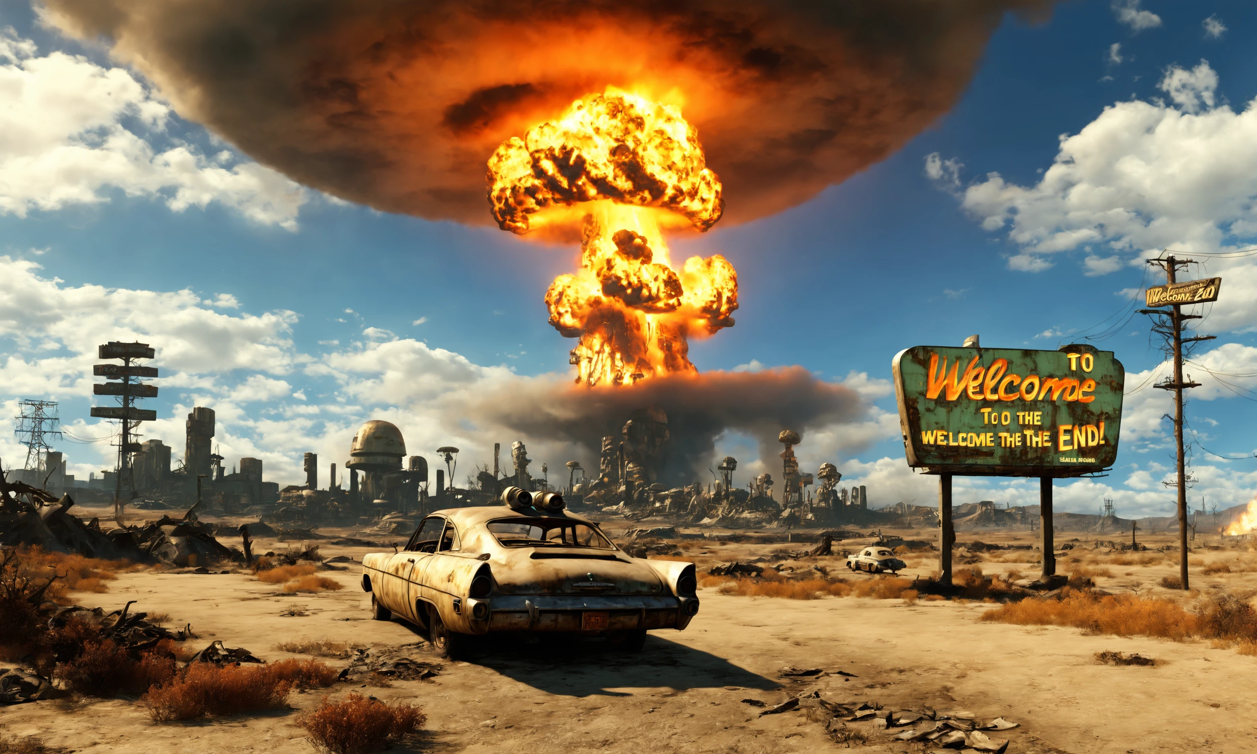 text" welcome to the end", billboard, wasteland ,<lora:falloutlandsdxl:0.8>, falloutlandsdxl, landscape, best quality, masterpiece, ruined city, nuclear explosion, mushroom cloud, fire, retro-futuristic ruined car,