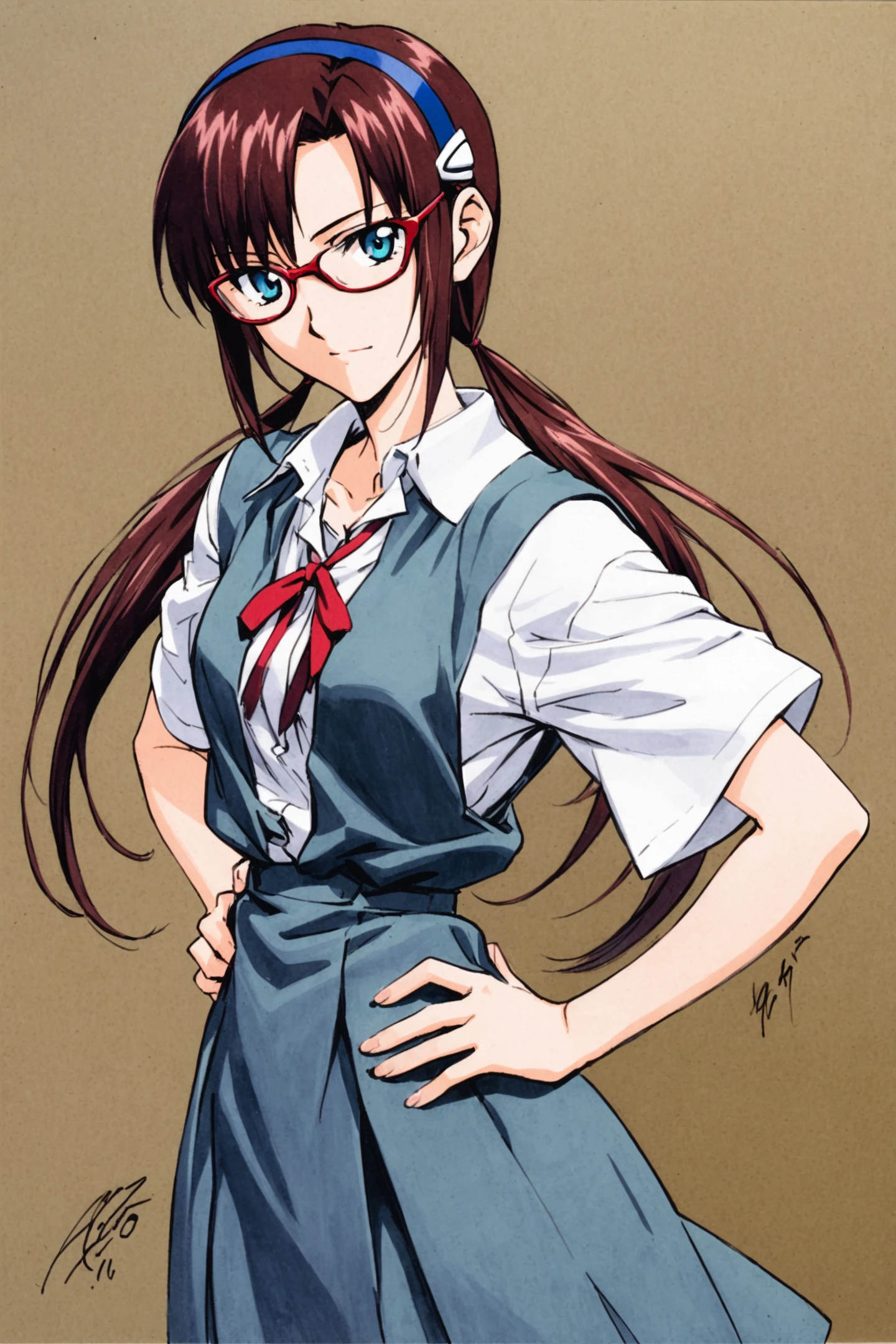 1girl,makinami mari illustrious,solo,glasses,long hair,blue eyes,twintails,hand on own hip,brown hair,hairband,red-framed eyewear,school uniform,ribbon,shirt,short sleeves,skirt,red ribbon,neck ribbon,white shirt,looking at viewer,tokyo-3 middle school uniform,signature,suspender skirt,suspenders,cowboy shot,blue skirt,traditional media,<lora:Sadamoto Yoshiyuki_XL_V3:0.8>,