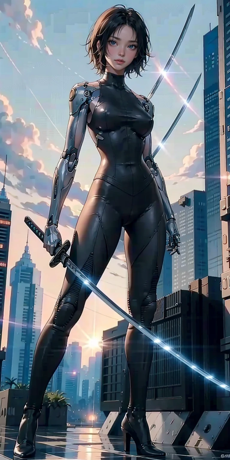 1girl, katana, holding katana,  cyborg, bodysuit, full body, stand,  big breasts, high heels, outdoor, future city,  masterpiece, best quality,8k