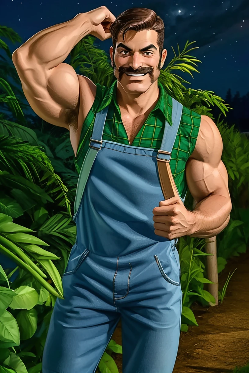 (RAW photo), <lora:FarmerJohn:0.75>, farmerjohn, (mustache:0.7), high quality, brown eyes, 1boy, muscular, outdoors, veins, sleeveless, plaid shirt, overalls, (bulge:1.1), green shirt, smirk, dynamic pose, holding, lasso, night