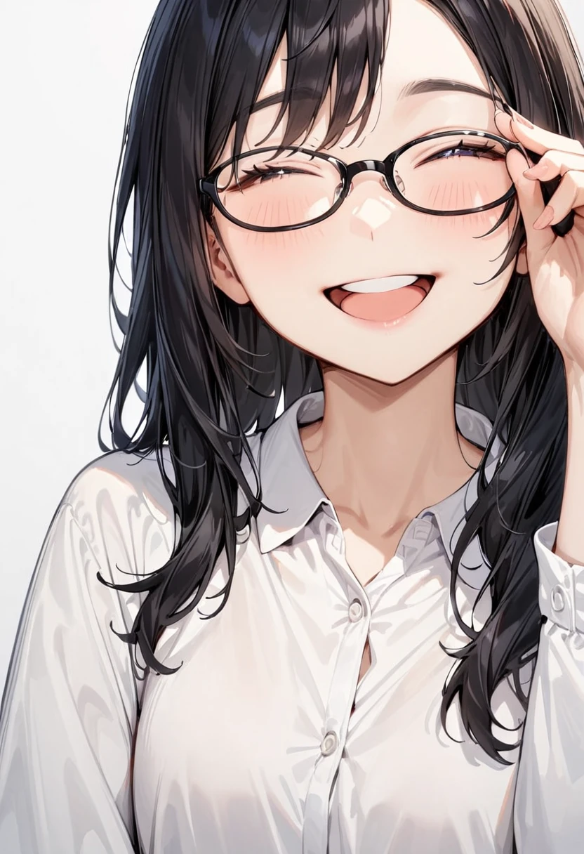 masterpiece, best quality, very aesthetic, absurdres,
1girl, solo, black hair, long hair,
oval_cell, glasses, black-framed eyewear,
collared shirt, happy, smile, looking at another, adjusting eyewear, white background, simple background, 
 <lora:oval_glasses_cell-frame2_SDXL_V1:0.8>