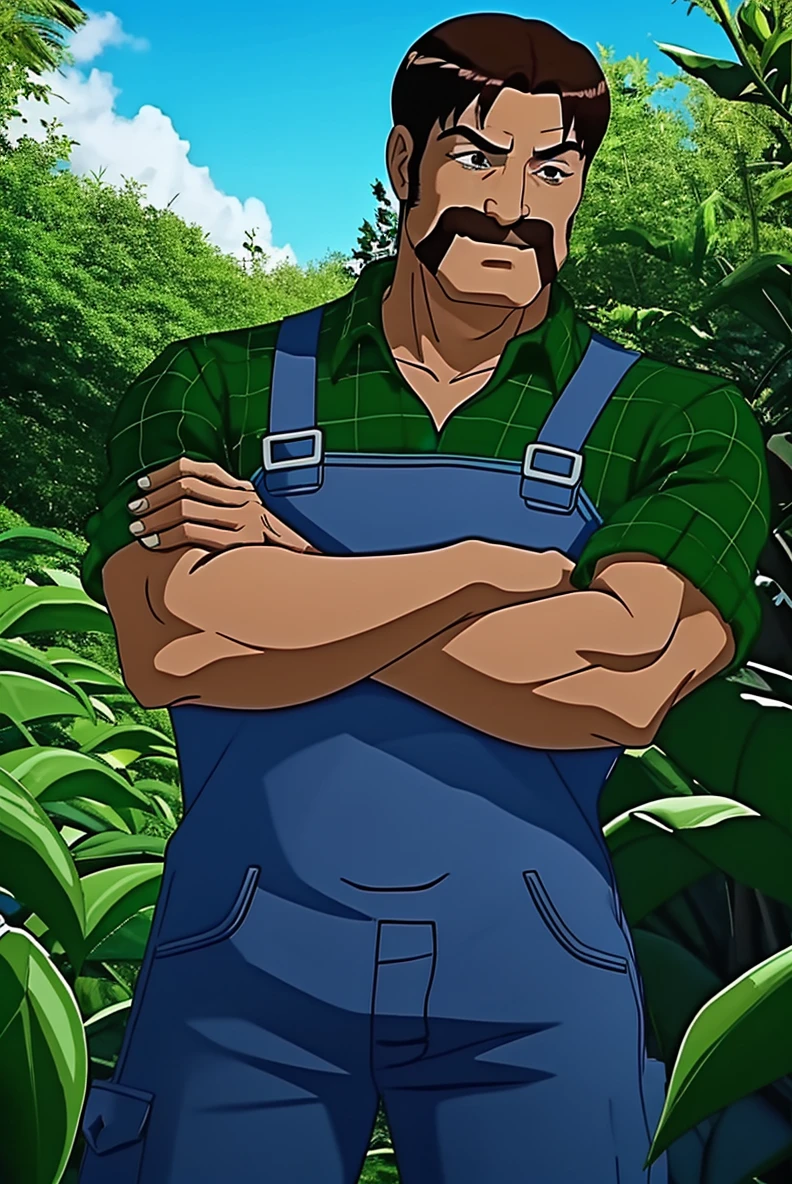 (RAW photo), <lora:FarmerJohn:0.9>,  farmerjohn, high quality, brown eyes, 1boy, muscular, outdoors, veins, bulge, green shirt, smirk, plaid shirt, overalls, crossed arms