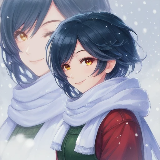 mana_sk, 1girl, solo, royal person, forest in background, short hair, black hair, portrait, looking at the viewer, ( focus on face:1.2), brave, overalls, profile, red eyes, scarf, smile, snowing, white scarf, winter, yamada ryou, zurikishi sakuya, zoom layer, yellow eyes, yuuki setsuna love live, winter clothes, yuuki setsuna love live superstar <lora:Mana1:1>