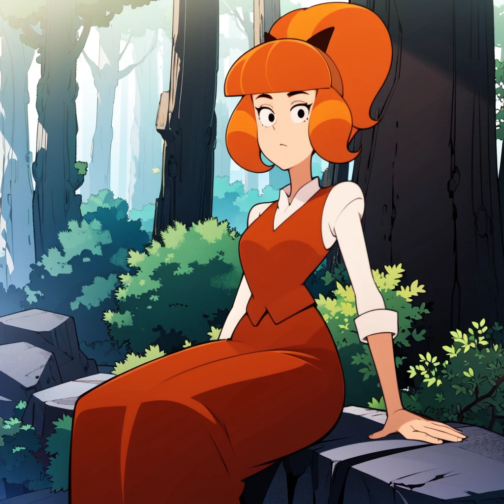 1girl, solo, Signorina Betty, black eyes, ponytail, hair bow, orange hair,  red vest, white shirt, long sleeves, long skirt,   <lora:Signorina_Betty_Leaf2-10:0.8>,  cowboy shot, forest, looking at viewer, sitting, sitting on rock