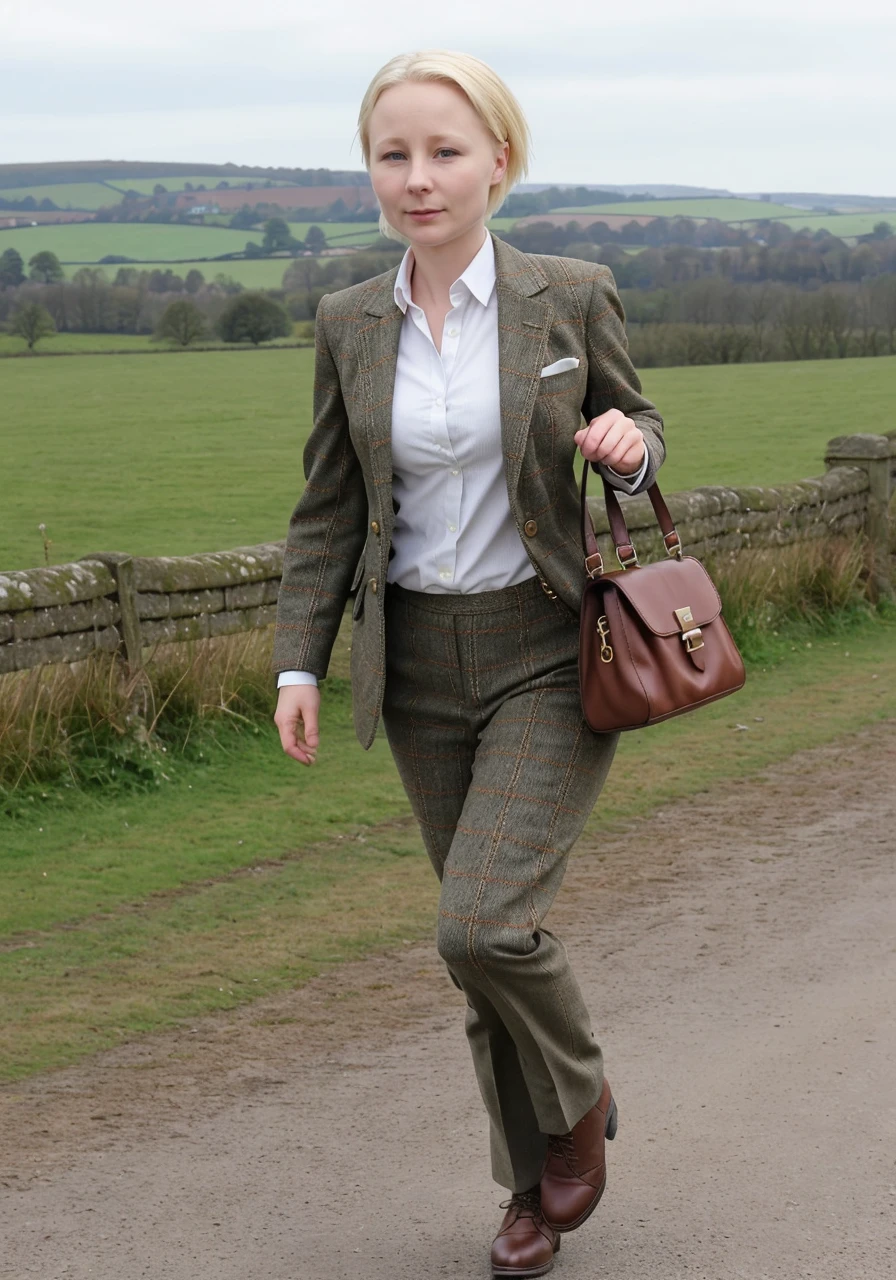 sexypattycaketi wearing a tweed suit walking in the english countryside carrying a leather satchel