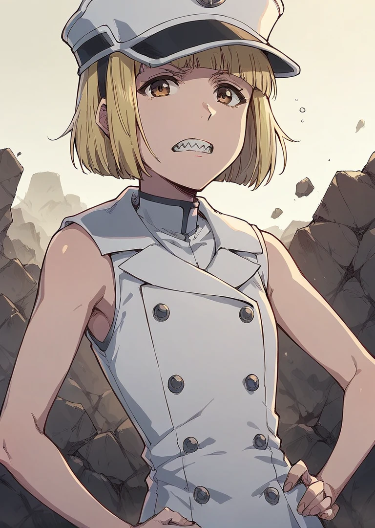 score_9, score_8_up, score_7_up, 1girl, solo, liltotto, blonde hair, short hair, bob cut, brown eyes, 

sharp teeth, white dress, sleeveless, military hat, double breasted, clenched teeth, hand on hip, bored, rubble, looking at viewer,