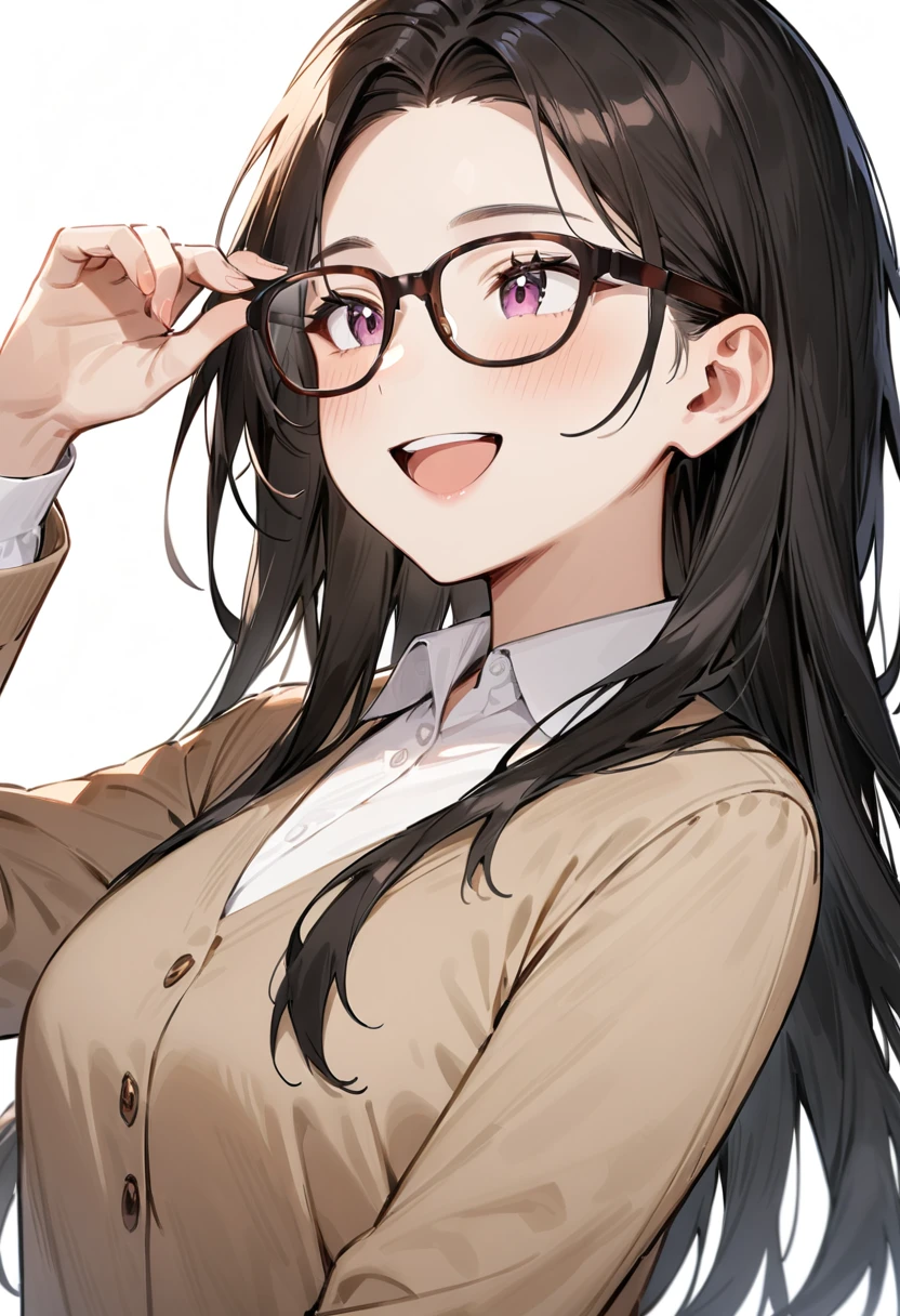 masterpiece, best quality, very aesthetic, absurdres, 
1girl, solo, black hair, long hair,
Wellington22A, glasses, brown-framed eyewear,
collared shirt, happy, smile, looking at another, adjusting eyewear, white background, simple background, 
 <lora:glasses_Wellington_cellframe1_SDXL_V1:0.8>