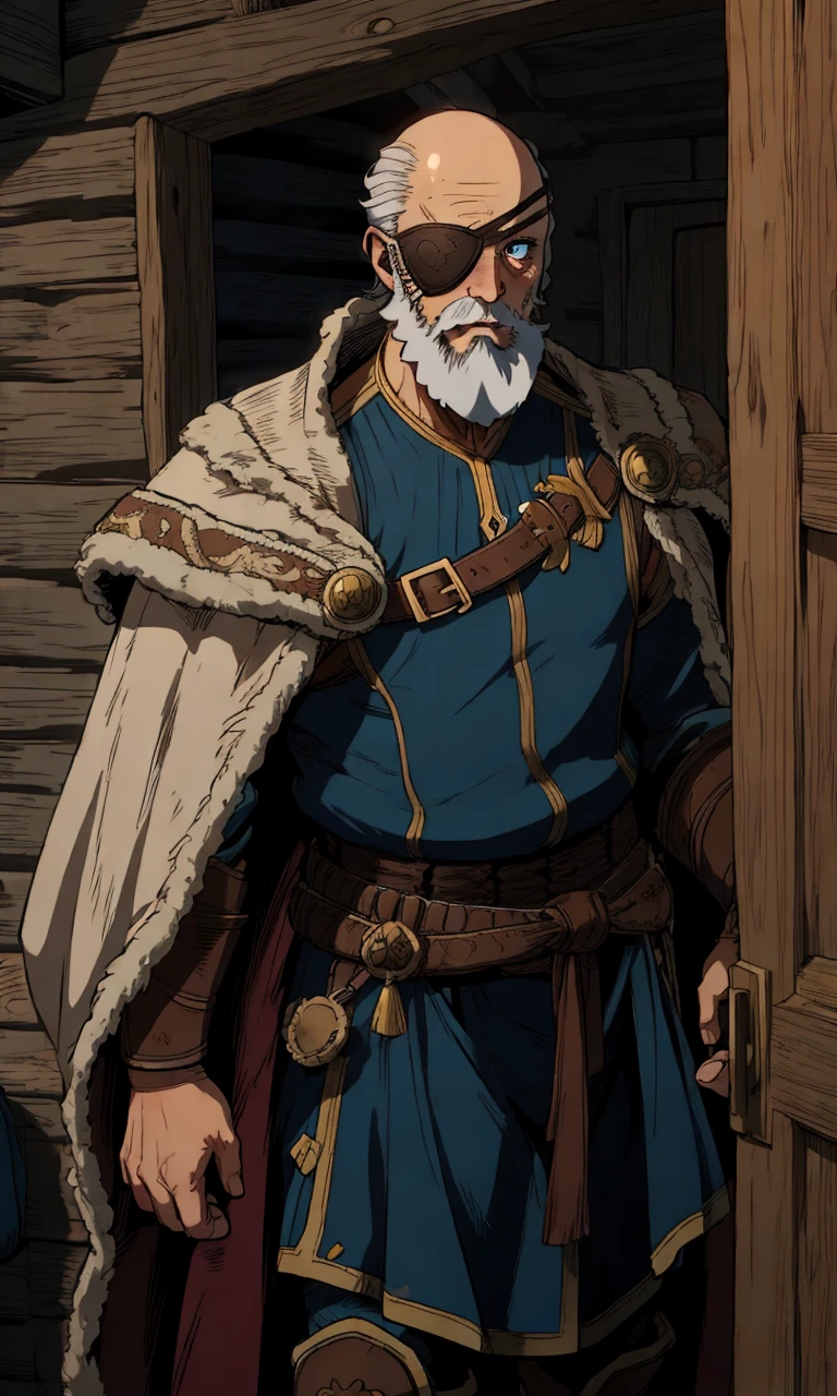 cartoon style,  <lora:gow_odin:0.7>, od1n, old male, white beard, bald , tunic Armor, cape, single eye patch, one blue eye,  midnight snowy cabin doorway,