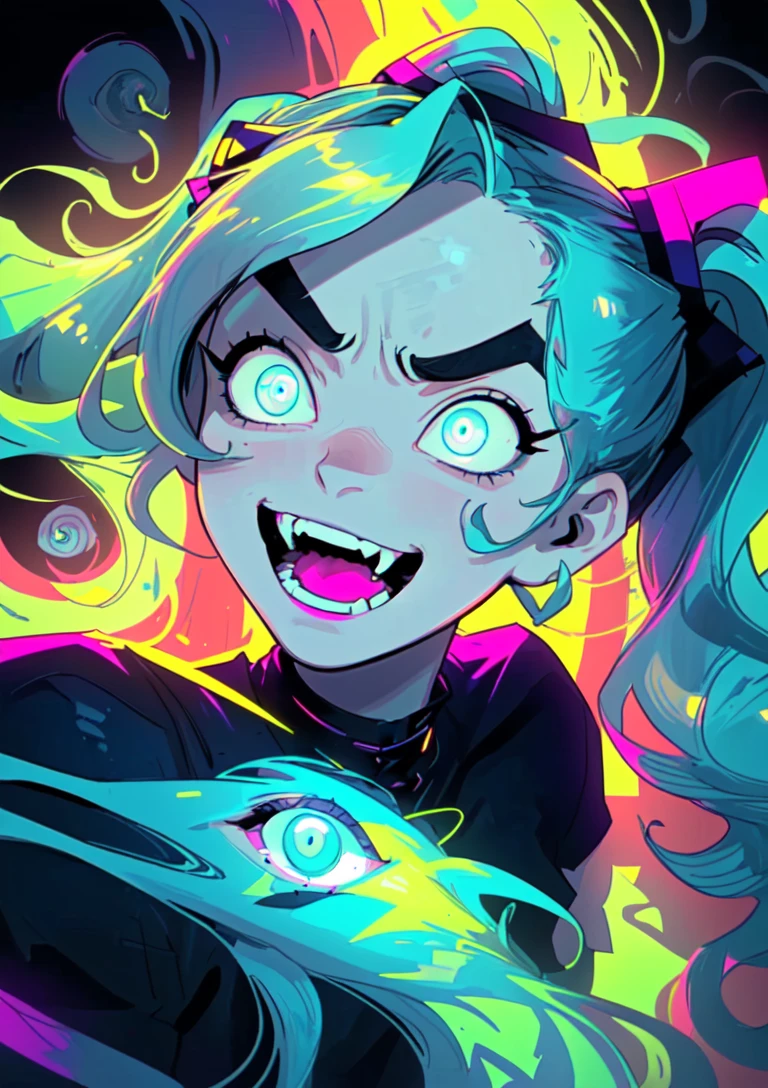 masterpiece,realistic,best quality, ultra-detailed,(pigtails:1.2),(fluorescent colors:1.3),(wavy hair:1.1),looking at the camera,(Aquamarine eyes:1.4),curly hair,(beautiful eyes:1.3),big eyebrows,angry,malicious smiling,open mouth,fangs,dark background,(spiral eyes:1.2) <lora:PsychoMadNight03-06:0.6>