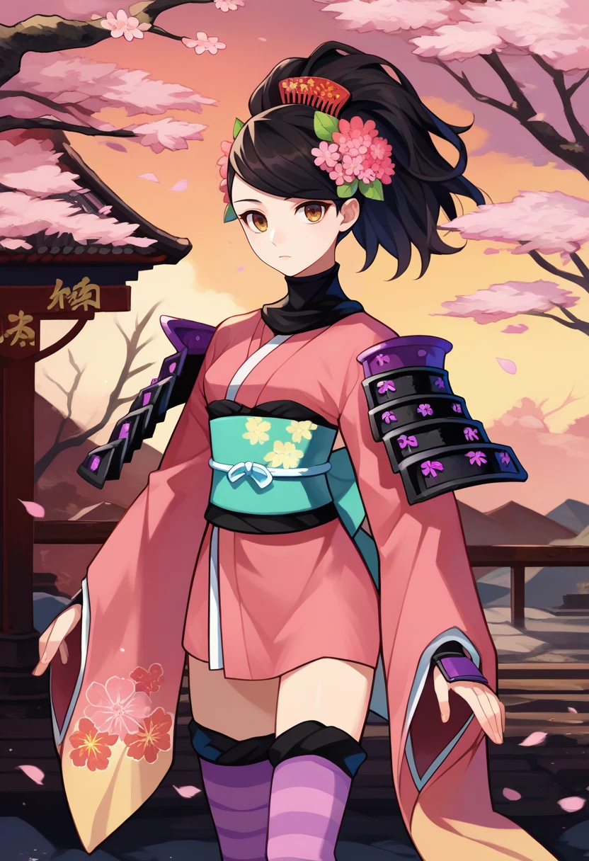 score_9, score_8_up, score_7_up, source_anime, solo, 1girl, momohime, expressionless, looking at viewer, standing, ponytail, hair flower, comb, japanese clothes, japanese armor, short kimono, pink kimono, sash, obi, shoulder armor, sode, striped thighhighs, outdoors, cherry blossoms <lora:muramasa_momohime_ponyXL:1>