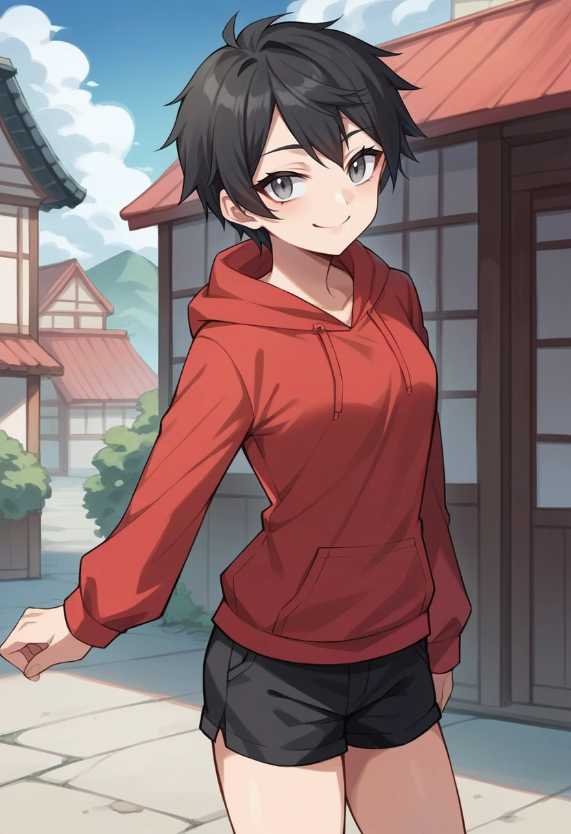 score_9, score_8_up, score_7_up, source_anime BREAK 1girl, solo,  <lora:zs_RaidouXLXL:1> kayadsrk, black hair, short hair grey eyes, red hoodie, black shorts, assertive female, smile, mouth closed, confidant, japanese town, day, cowboy shot