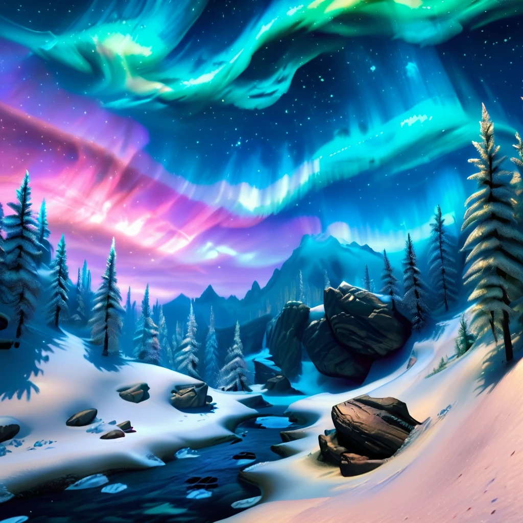 score_9, score_8_up, score_7_up, score_6_up, score_5_up, score_4_up,
<lora:SkyrimLandscapes_Pony:0.8>,
skyrimlandscapes, score_9, scenery, sky, no humans, star (sky), night, starry sky, outdoors, tree, cloud, nature, night sky, forest, aurora, snow, rock