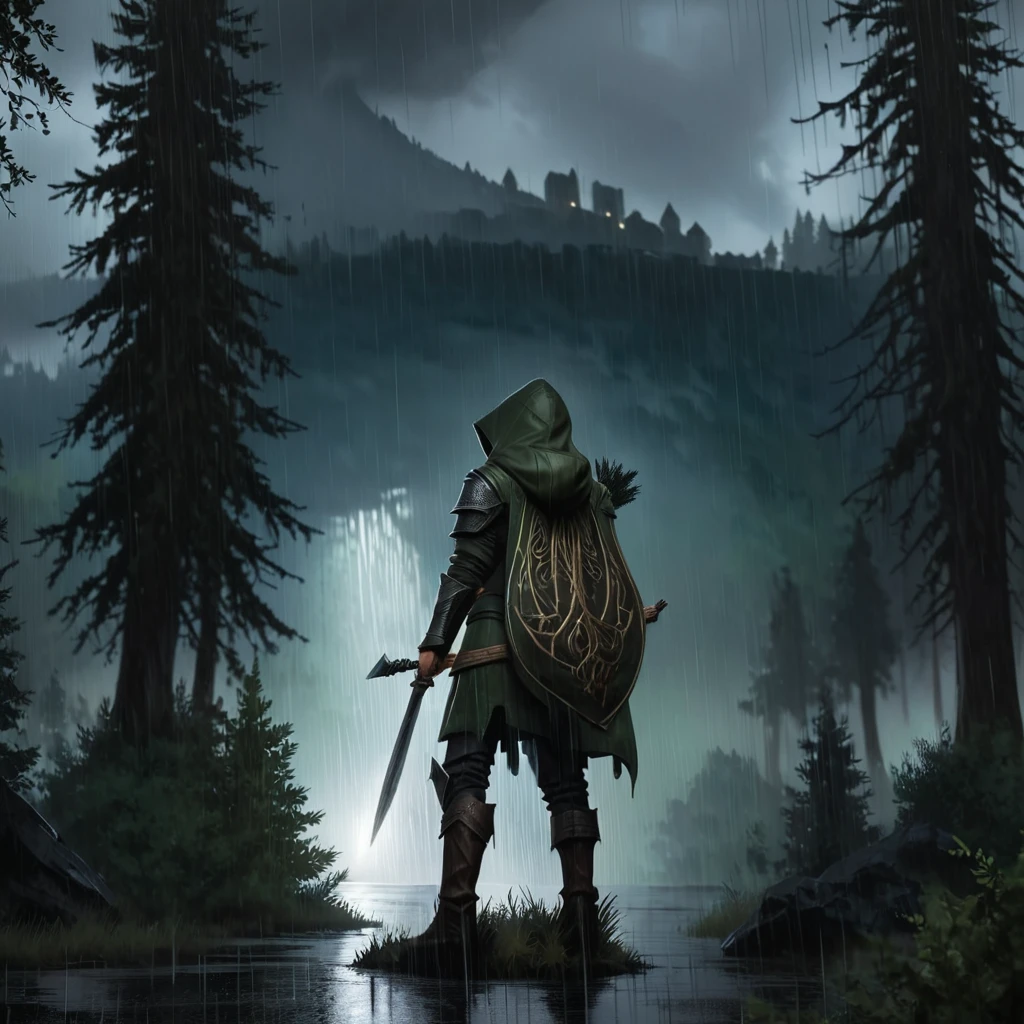 Masterpiece,absurd resolution,8k,high resolution,
<lora:SkyrimLandscapes:0.8>,
skyrimlandscapes, tree, outdoors, rain, scenery, forest, nature, cloud, sky, cloudy sky, from behind, 1other, holding, hood, standing, ambiguous gender, 1boy, staff, weapon