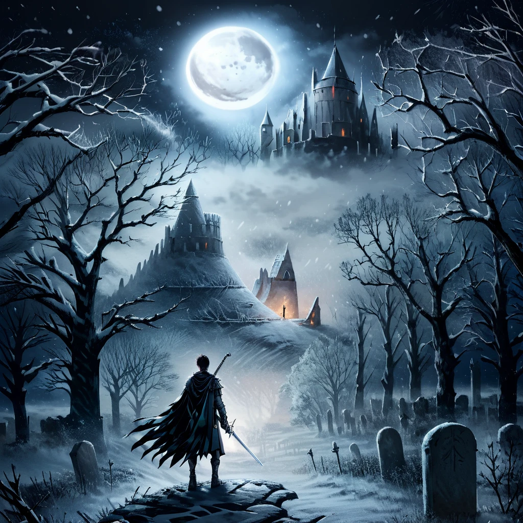 Masterpiece,absurd resolution,8k,high resolution,
NightScapes,solo,1boy,holding,standing,weapon,male focus,outdoors,sky,sword,signature,from behind,cape,holding weapon,tree,night,holding sword,moon,night sky,scenery,snow,full moon,bare tree,tombstone
, <lora:NightScapes_XL14:0.8>