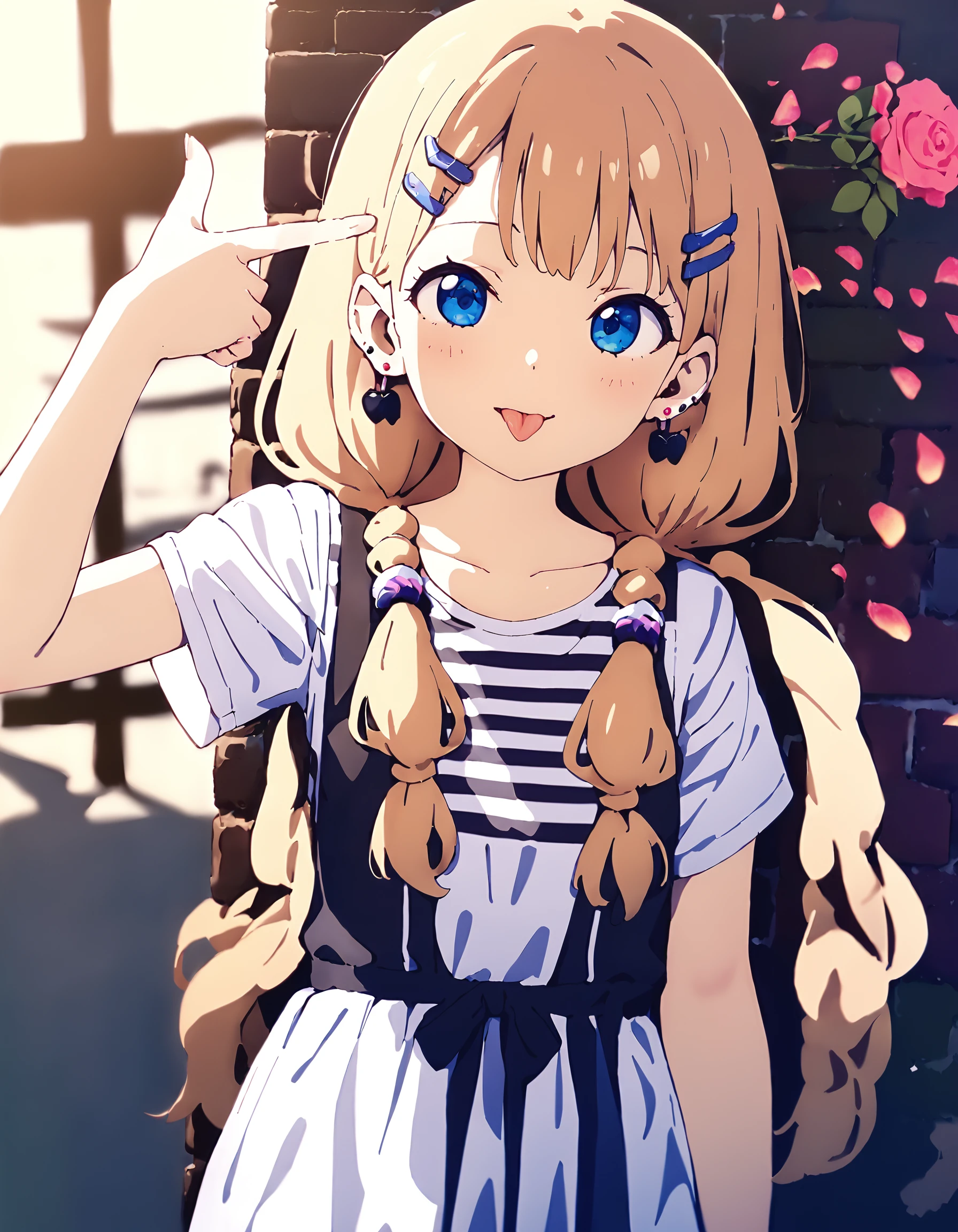 1girl,solo,mamyouda,ogipote,sy4,
tongue out,happy,long hair,multi-tied hair,earrings,hairclip,striped,short sleeves,close-up,upper body,dress,dynamic_angle,brick wall,
<lora:boom finger gun_XL_bx-v1.03:1>,finger gun,rose,petals,
masterpiece,best quality,absurdres,