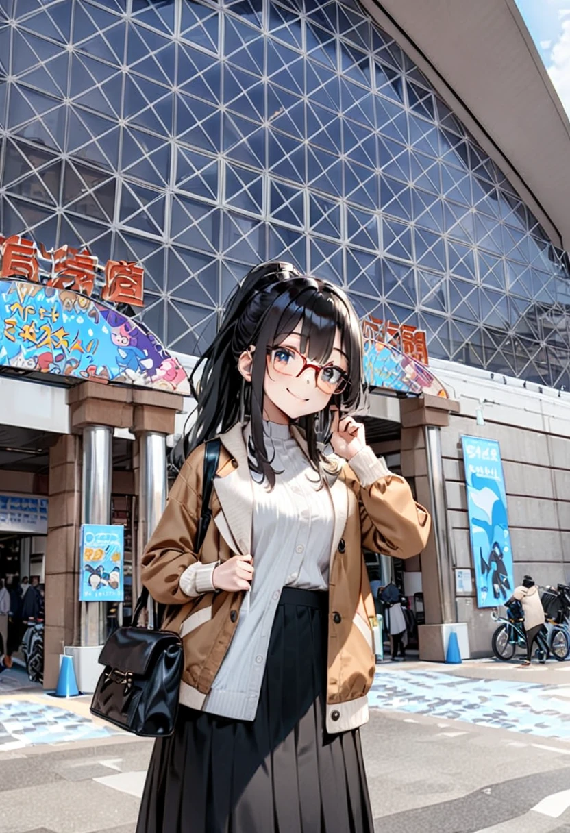 masterpiece, best quality, very aesthetic, absurdres,
1girl, solo, glasses, black hair, long hair, jacket, skirt, black bag, smile, looking at viewer, solo focus,
sumasui, storefront, outdoors, tree, sky, day, building, multiple boys, scenery, bicycle, shop, multiple girls, cloud, blue sky, road, 6+boys, street
 <lora:sumasui_SDXL_V1:1>