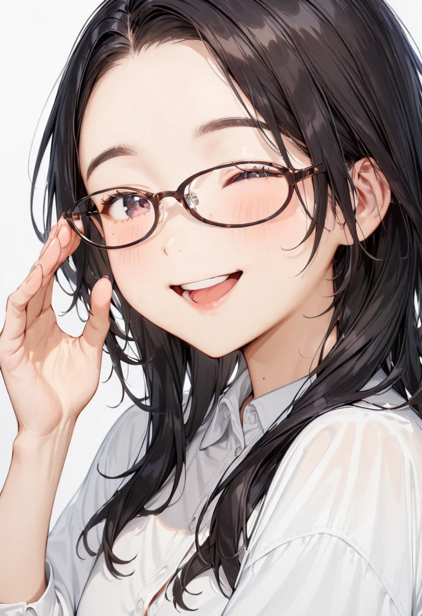 masterpiece, best quality, very aesthetic, absurdres,
1girl, solo, black hair, long hair,
oval_cell, glasses, brown-framed eyewear,
collared shirt, happy, smile, looking at another, adjusting eyewear, white background, simple background, 
 <lora:oval_glasses_cell-frame2_SDXL_V1:1>