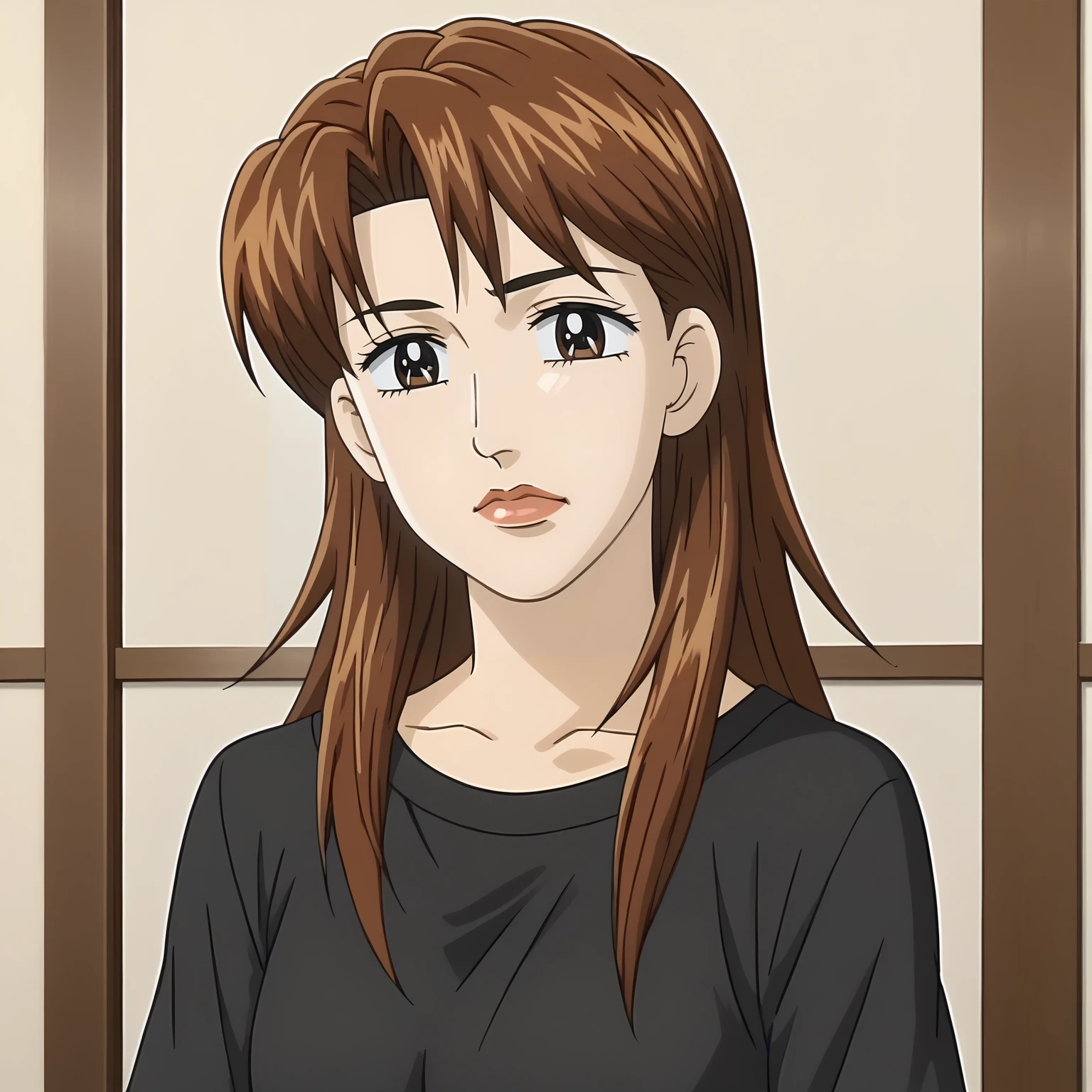 <lora:ReinaAkikawaXLpony001>,
solo,
ReinaAkikawa,1girl,brown hair,long hair,brown eyes,
black shirt,