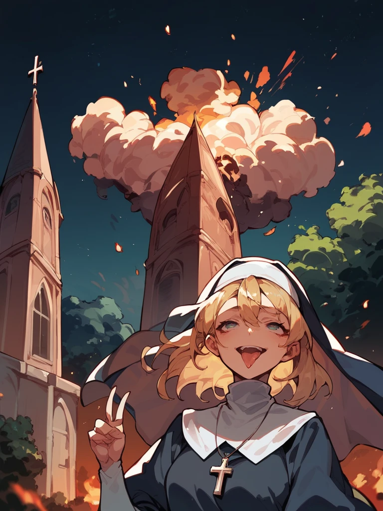 score_9,score_8_up,score_7_up,1 girl,source_anime,<lora:ahebomb_pony:1>,ahebomb,night,upper body,forest,long blonde hair,nun,church,hill,cross,fire