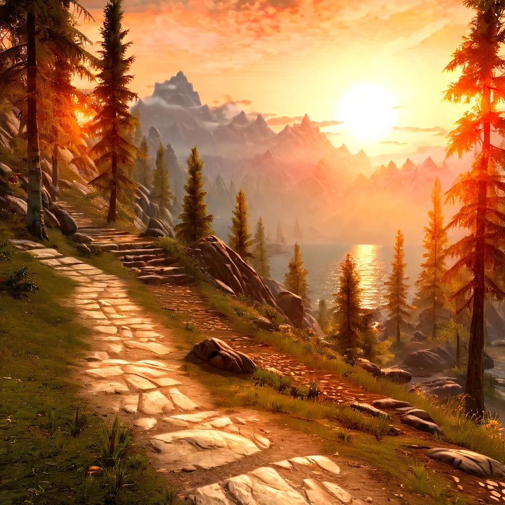 Masterpiece,absurd resolution,8k,high resolution,
<lora:SkyrimLandscapes:0.8>,
skyrimlandscapes, scenery, no humans, tree, outdoors, sunset, nature, rock, sky, grass, forest, mountain, path, landscape, sun