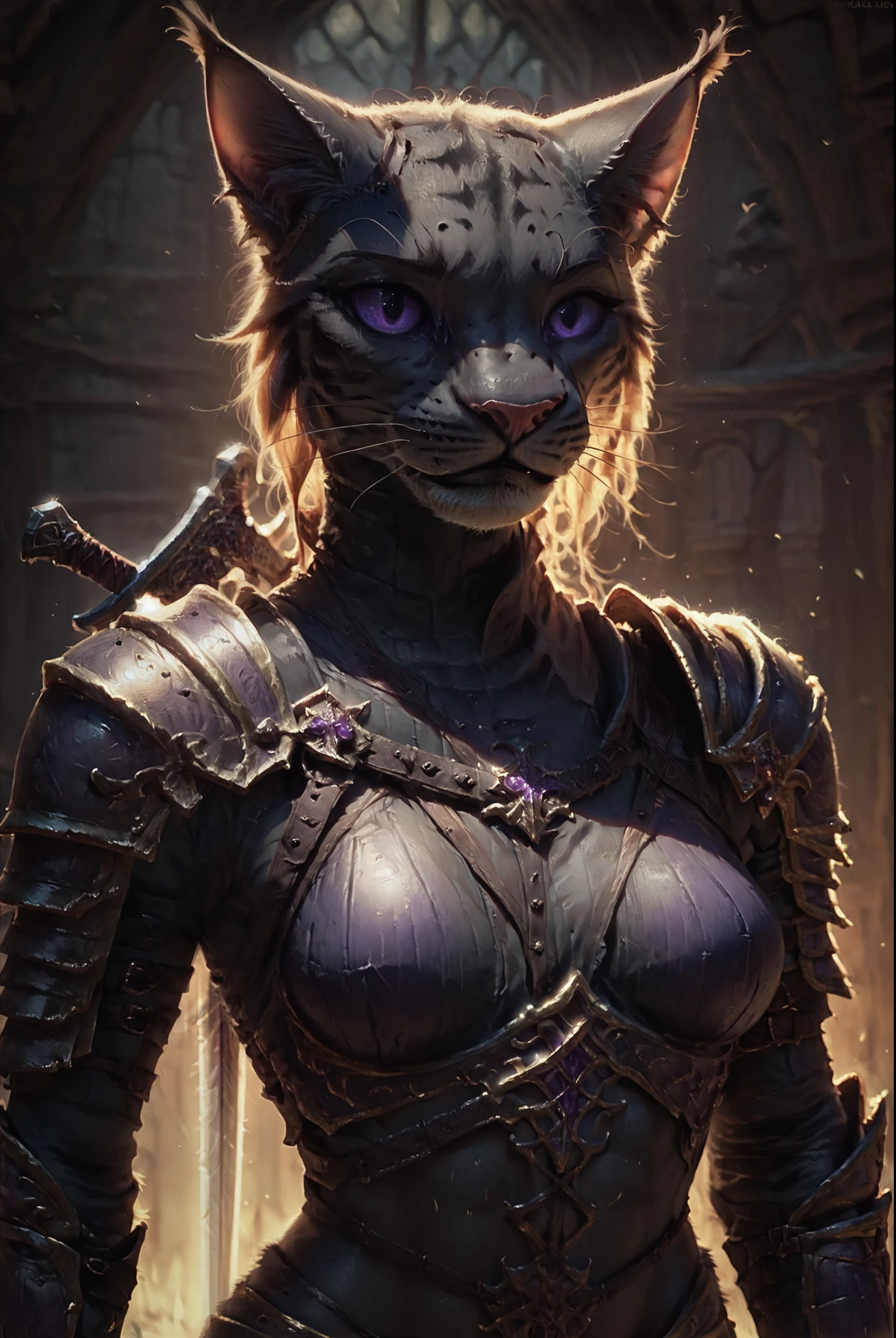 score_9, score_8_up, score_7_up, score_6_up,  (furry, khajiit, Skyrim_khajiit), detailed fur,  (black skin), purple eyes, wearing knight armor, sword, (Dtailed scaled face, highky detailed face), (portrait) , Soft light, Cinematic light, very detailed, hd, <lora:Concept Art Eclipse Style LoRA_Pony XL v6:1> <lora:Skyrim_khajiit:0.7>