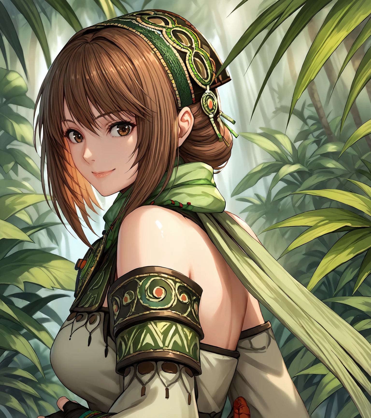 score_9, score_8_up, score_7_up, score_6_up, score_5_up, score_4_up, BREAK source_anime,
1girl, solo, <lora:BaoSanniangDW9:0.9>, Bao Sanniang, brown eyes, brown hair, medium hair, hair ornament, medium breasts, jewelry, green top, green scarf, bare shoulders, detached sleeves, black shorts, fingerless gloves, legband, sandals,
looking at viewer, smile, 
outdoors, jungle, upper body, portrait 
<lora:piroponyv3:0.8>, <lora:Chocochip:0.8>,