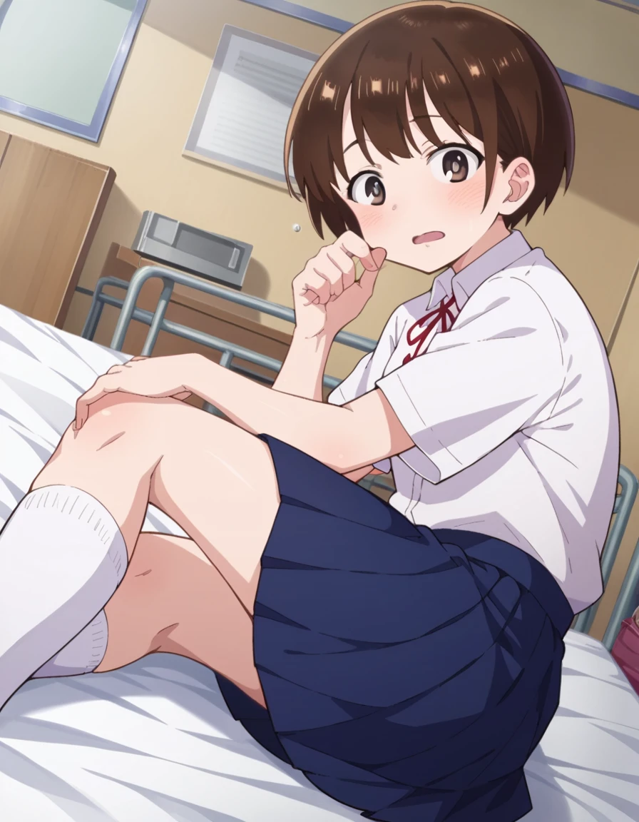 score_9, score_8_up, score_7_up, source_anime,
chihirokobayashi, <lora:chihiro-kobayashi-s2-ponyxl-lora-nochekaiser:1>,
chihiro kobayashi, short hair, brown hair, brown eyes,
skirt, shirt, school uniform, pleated skirt, socks, white socks, white shirt, collared shirt, ribbon, red ribbon, short sleeves,
indoors, bed, bed room, on side, blush, drunk,
looking at viewer, cowboy shot, dutch angle,