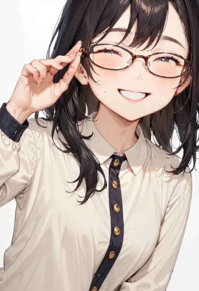 masterpiece, best quality, very aesthetic, absurdres,
1girl, solo, black hair, long hair,
oval_cell, glasses, brown-framed eyewear,
collared shirt, happy, smile, looking at another, adjusting eyewear, white background, simple background, 
 <lora:oval_glasses_cell-frame2_SDXL_V1:1>