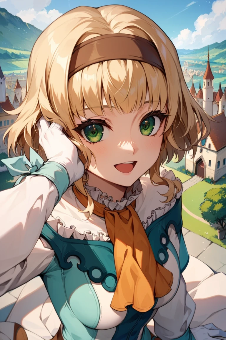 score_9, score_8_up, score_7_up, very aesthetic, source_anime, detailed, high quality, beautiful, masterpiece, detailed eyes,
<lora:lightXL:0.8>
castle, village, blurry background, cityscape,
<lora:action-sdxl-V0.5:1>zdyna_pose
dynamic angle,
light smile, open mouth, medium breasts, hand on hair,  sitting,
<lora:natalia_autismConfetti_v02:0.99>
natalia \(tales\), blonde hair, short hair, green eyes, bangs, hairband,
dress, ascot, orange ascot, frills, thigh boots, pantyhose, frilled collar, white gloves, wrist bow,, zPDXL