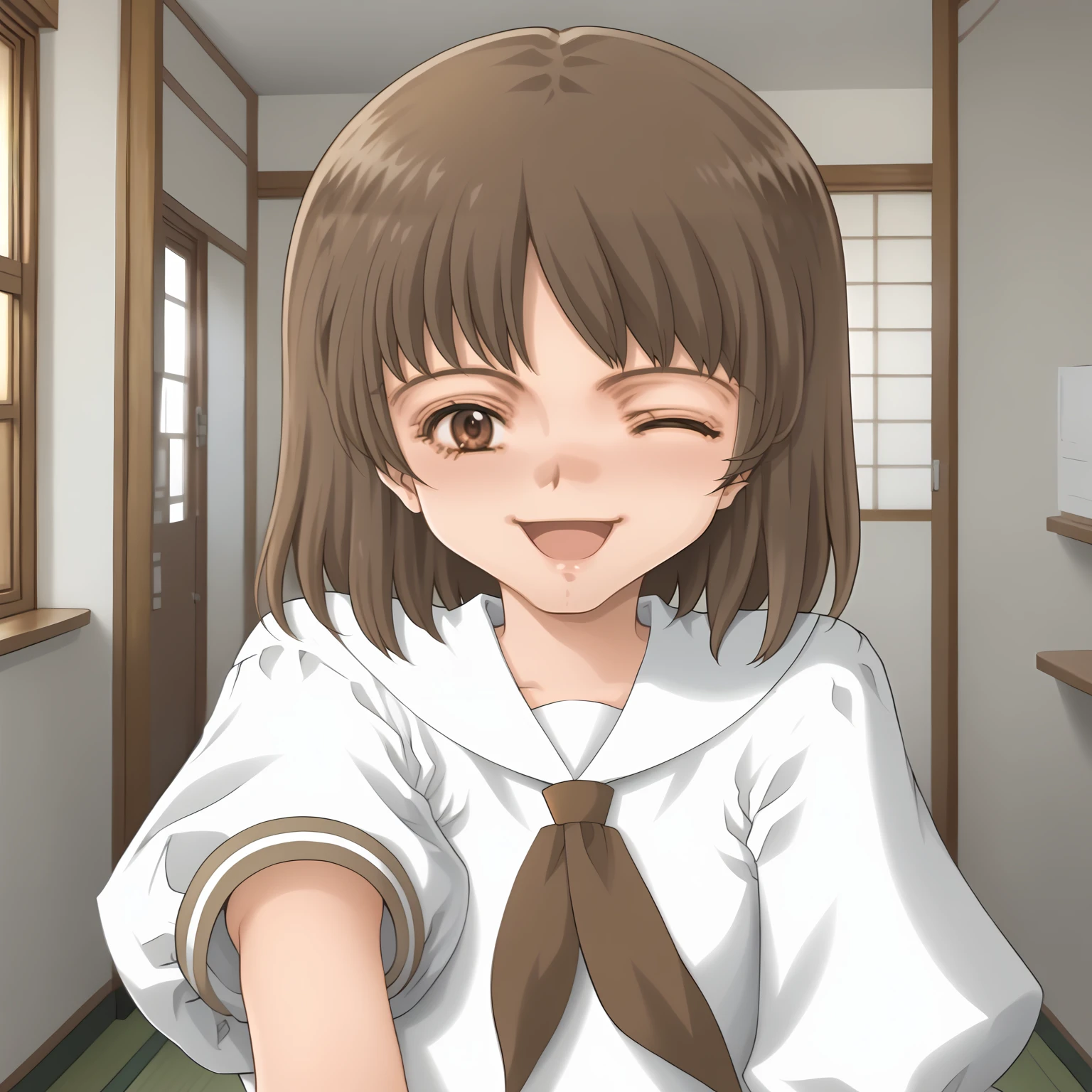 <lora:AkariHaradaXLpony001>,looking at viewer,smile,one eye closed,open mouth,
solo,
AkariHarada,medium hair,1girl,brown hair,brown eyes,
serafuku,