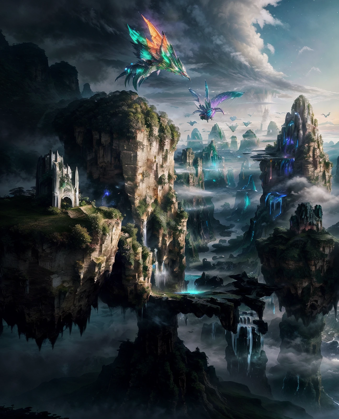 breathtaking  <lora:quiron_LegendaryLandscapes_v1_Lora:0.87> LegLandscapesQuiron, legendary landscapes by quiron, landscapesquiron,  surreal, particles, chromatic aberration,  glowing,  shiny,  scenery, landscape, nature,  fantasy , sky  , intricate artwork masterpiece, impressive, stunning, a city floating on clouds, mystical creatures flying, , Ethereal Waterfalls, . award-winning, professional, highly detailed