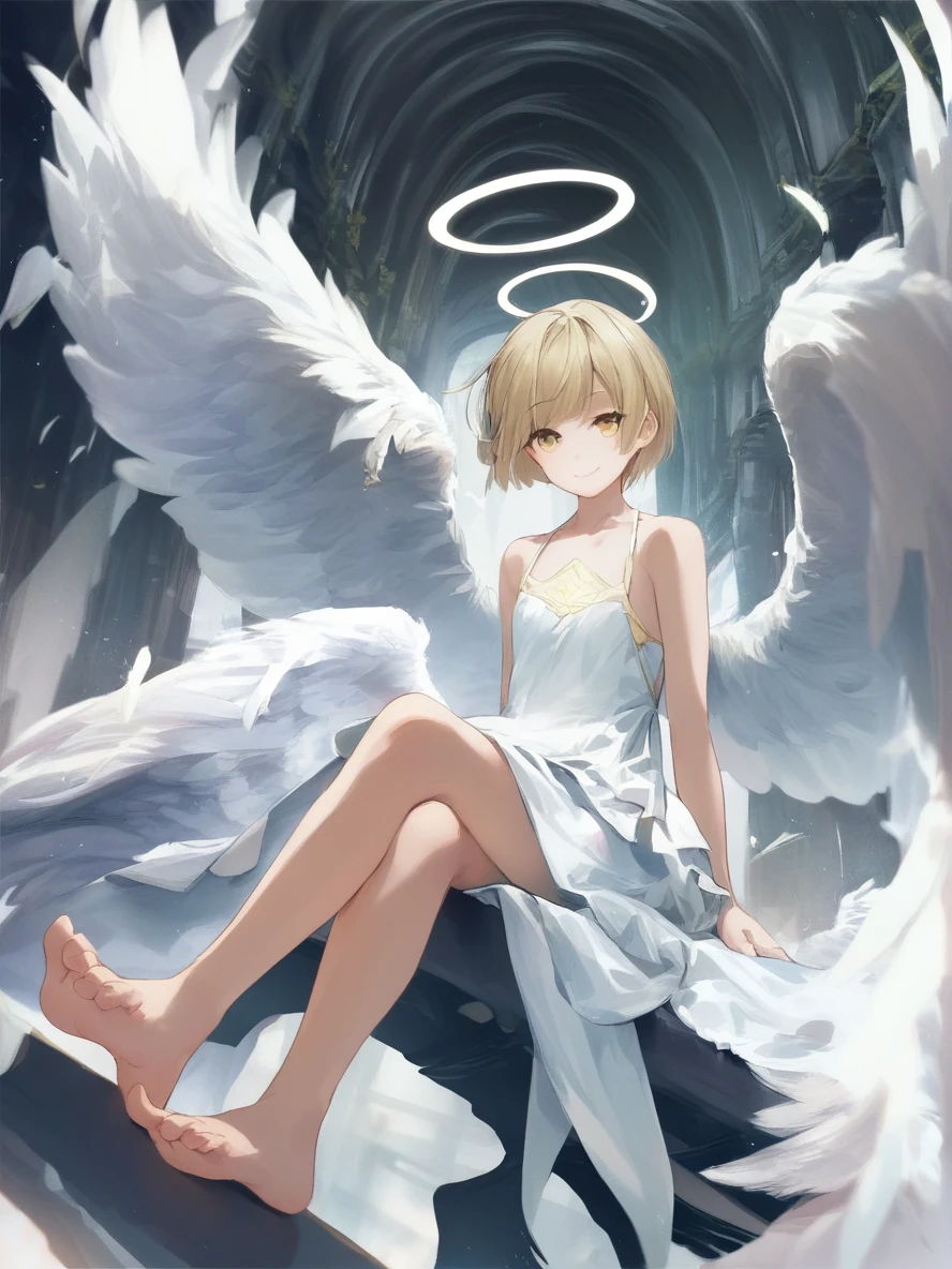 1girl,
rating safe, solo, angel, angel wings, bare shoulders, barefoot, blonde hair, closed mouth, crossed legs, dress, feathered wings, feet, flat chest, full body, halo, legs, long dress, looking at viewer, short hair, sitting, sleeveless, sleeveless dress, smile, soles, toes, white dress, white wings, wings, yellow eyes,
score_9, score_8_up, score_7_up, score_6_up
<lora:mki-pony-artists3-v2-000036:1>