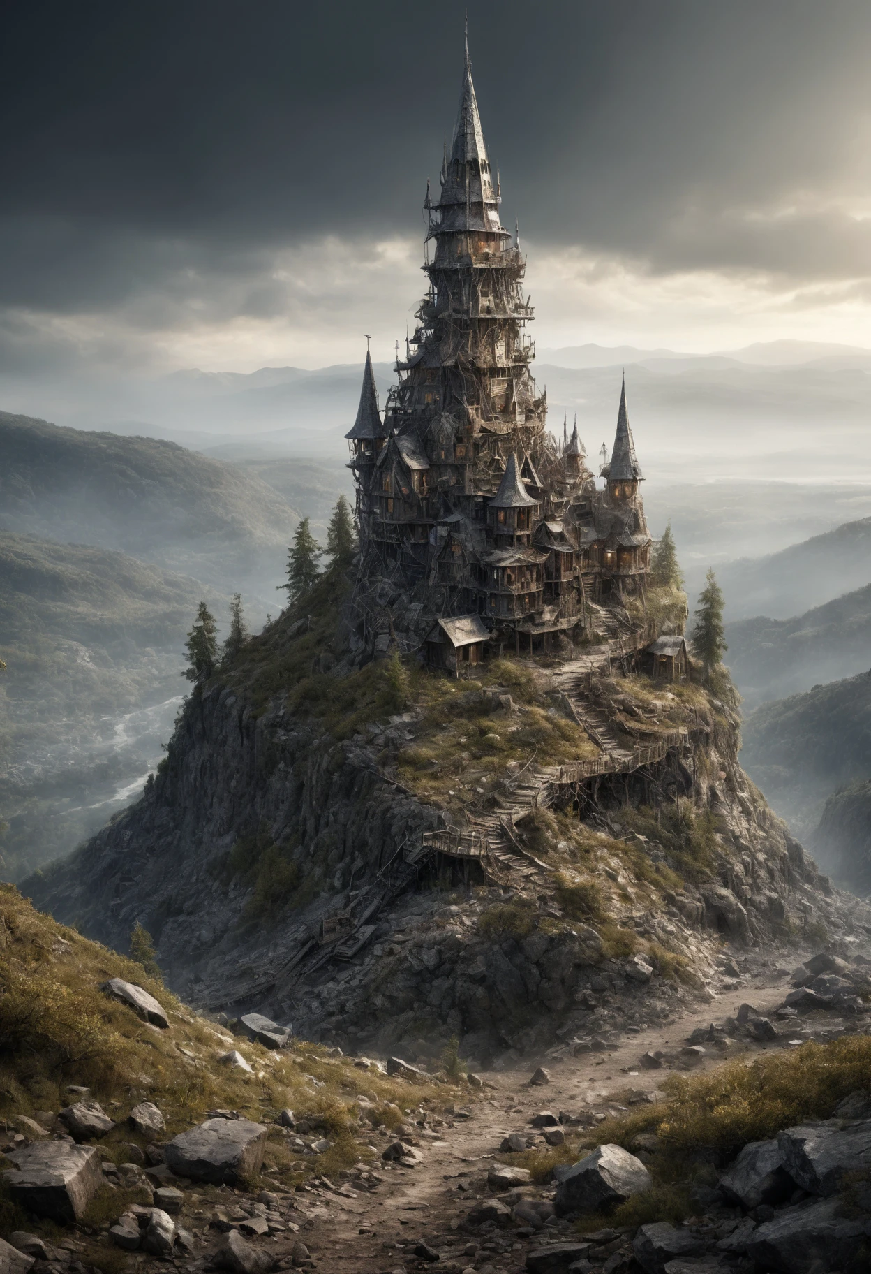 (masterpiece, best quality,detailed light), DonMW4573L4ndXL waste, hiking trails spire, (intricate detail, cinematic lighting, amazing shading, soft lighting, Detailed Illustration) <lora:myLoraXL_test\DonMW4573L4ndXL-000006>